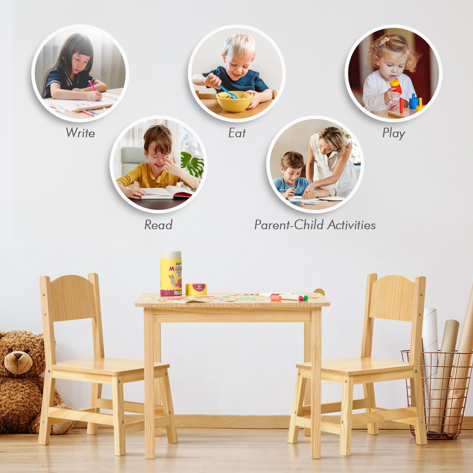 OOOK Solid Wood Kids Table and Chair Set - Sturdy Toddler Table with 2 Chairs for Arts, Crafts, Reading & Learning - Perfect for Preschool, Kindergarten, Playroom & Homeschool Activities