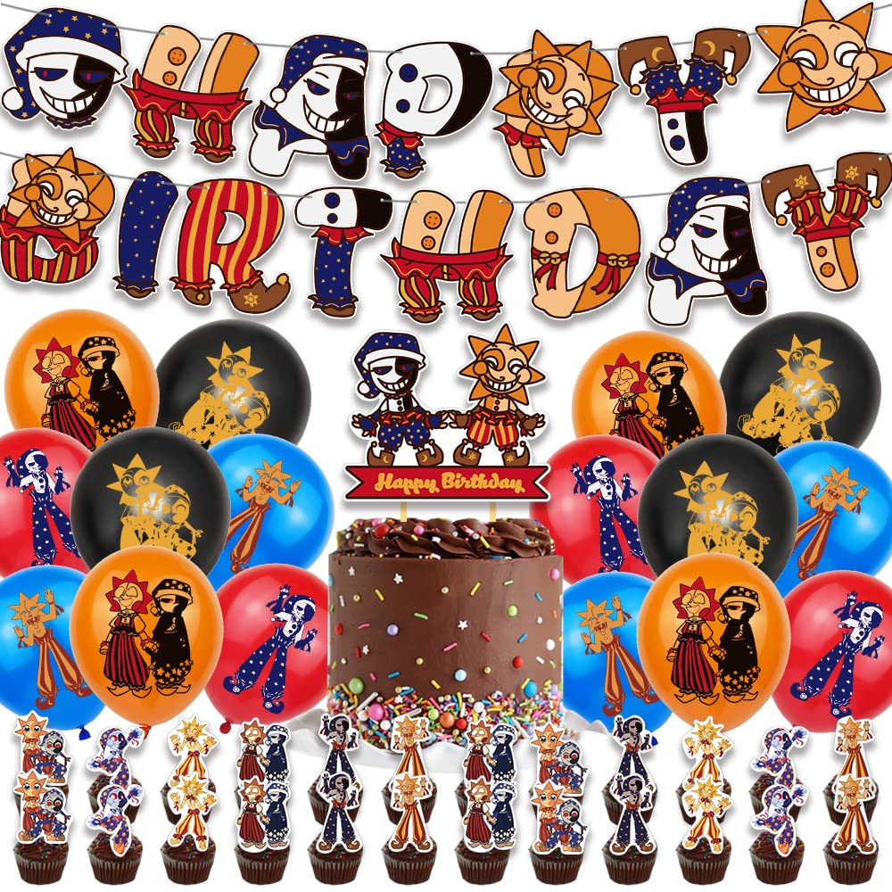 FNAF Party Supplies Kit - FNAF SunDrop & MoonDrop Birthday Decorations Set with Happy Birthday Banner, Cake Topper, Cupcake Toppers & Balloons | Perfect for FNAF Themed Birthday Parties, Game Nights & Cosplay Events