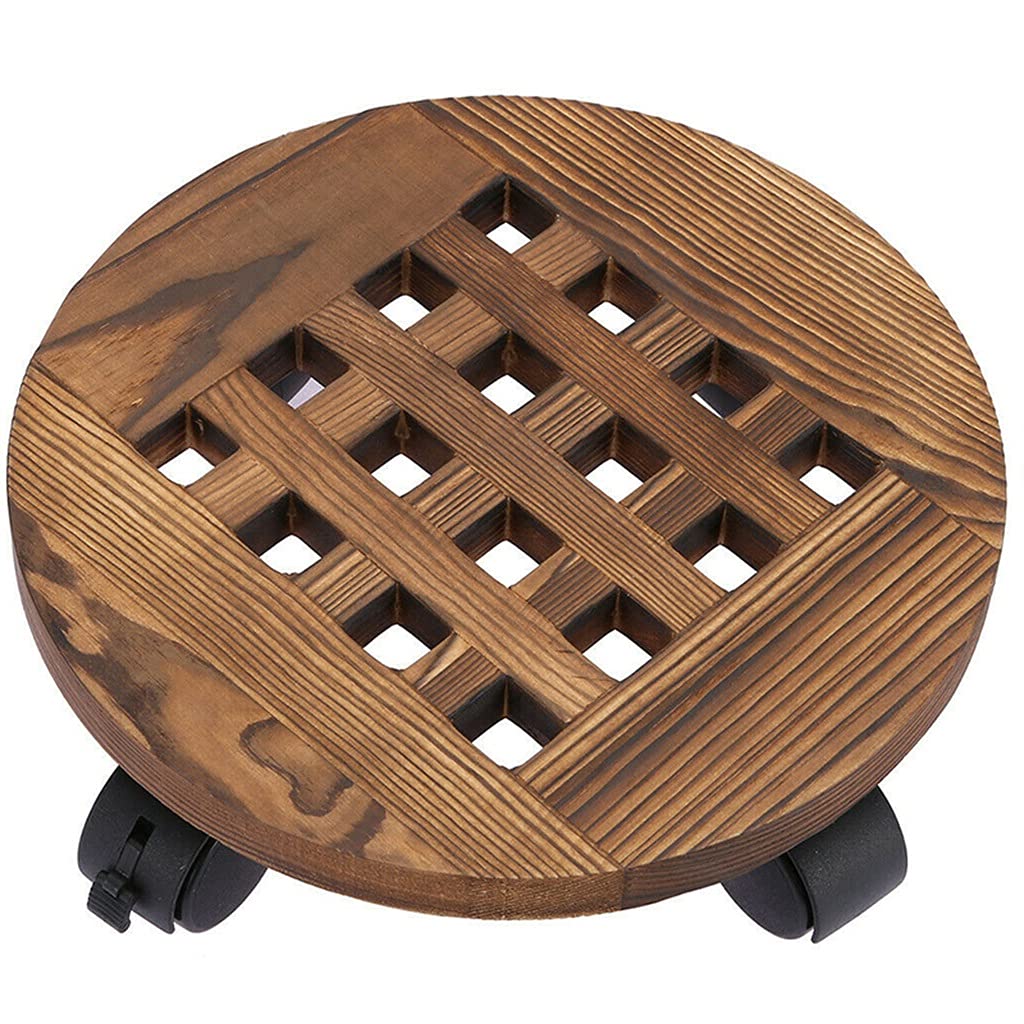 WSSBK 30cm Round Wooden Plant Stand with Wheels - Indoor Outdoor Flower Pot Mover Trolley for Garden, Patio, Balcony (Coffee Color) | Portable Plant Caddy for Easy Moving & Decorating