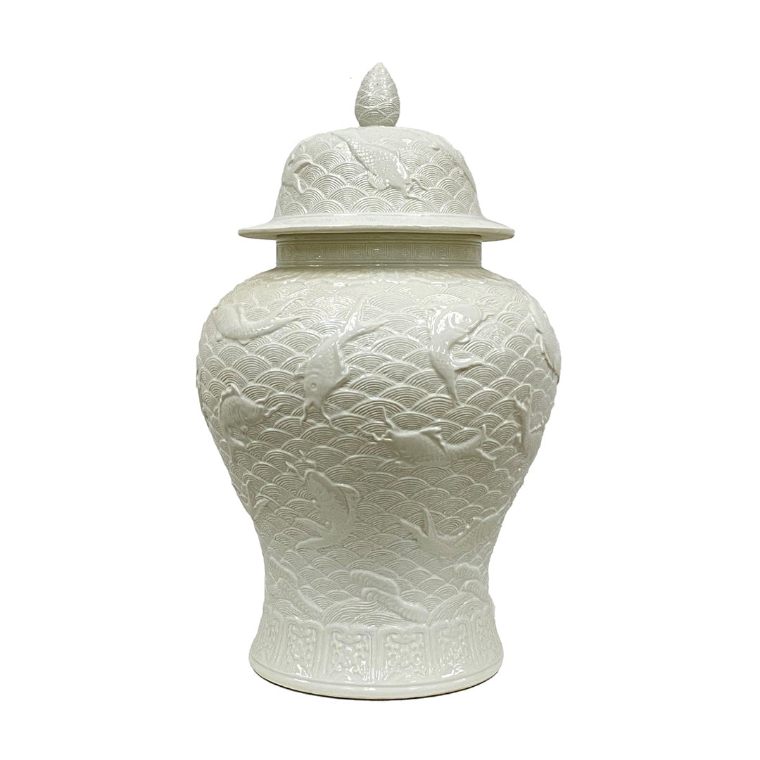 Handmade Embossed Koi Fish Ceramic Temple Jar - Asian Home Decor for Living Room, Zen Garden & Meditation Space