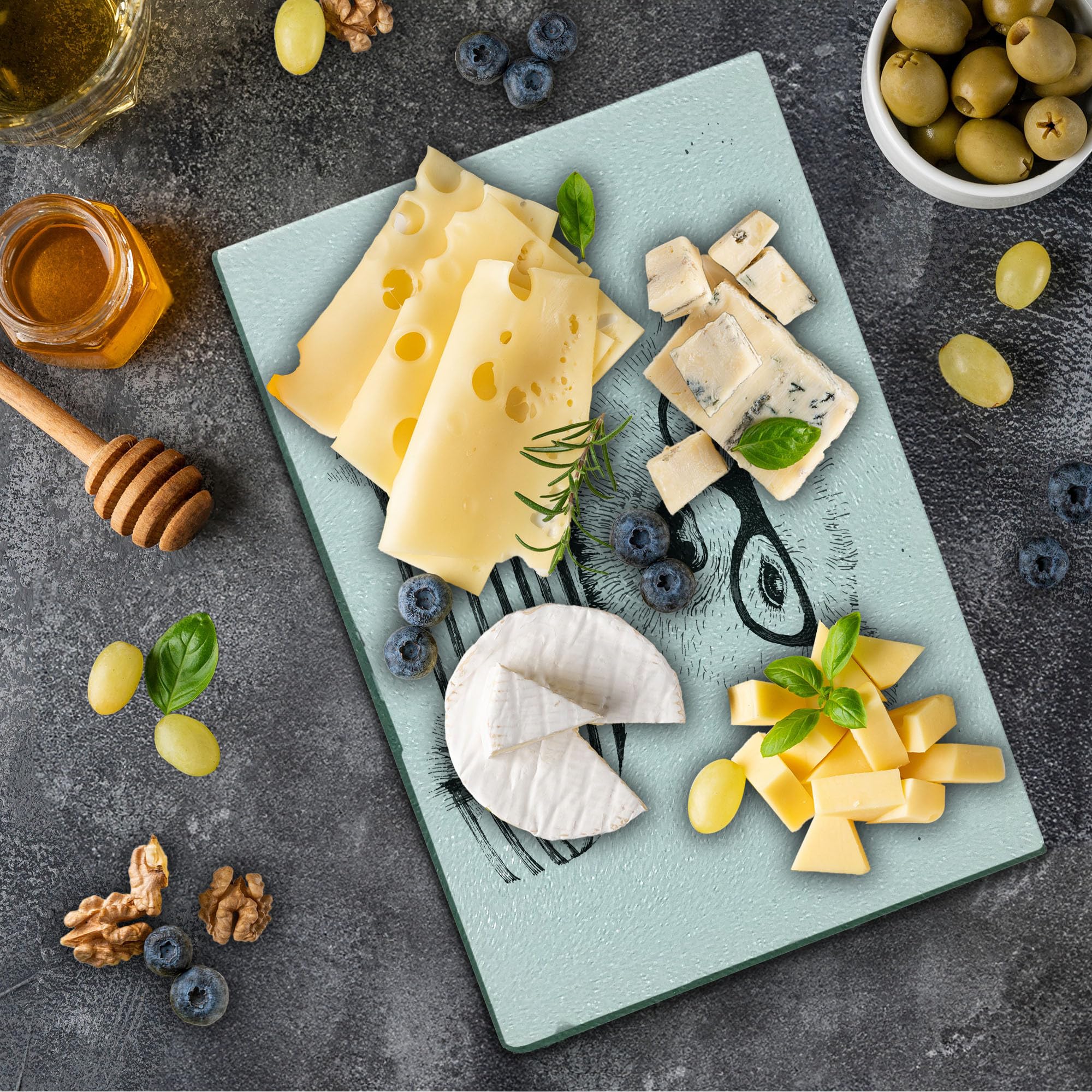Ambesonne Animal Themed Glass Cutting Board - Hipster Bear in Glasses Art Print - Small Black & White Tempered Glass Serving Board for Kitchen, Charcuterie & Party Platters - Unique Gift for Foodies & Home Chefs