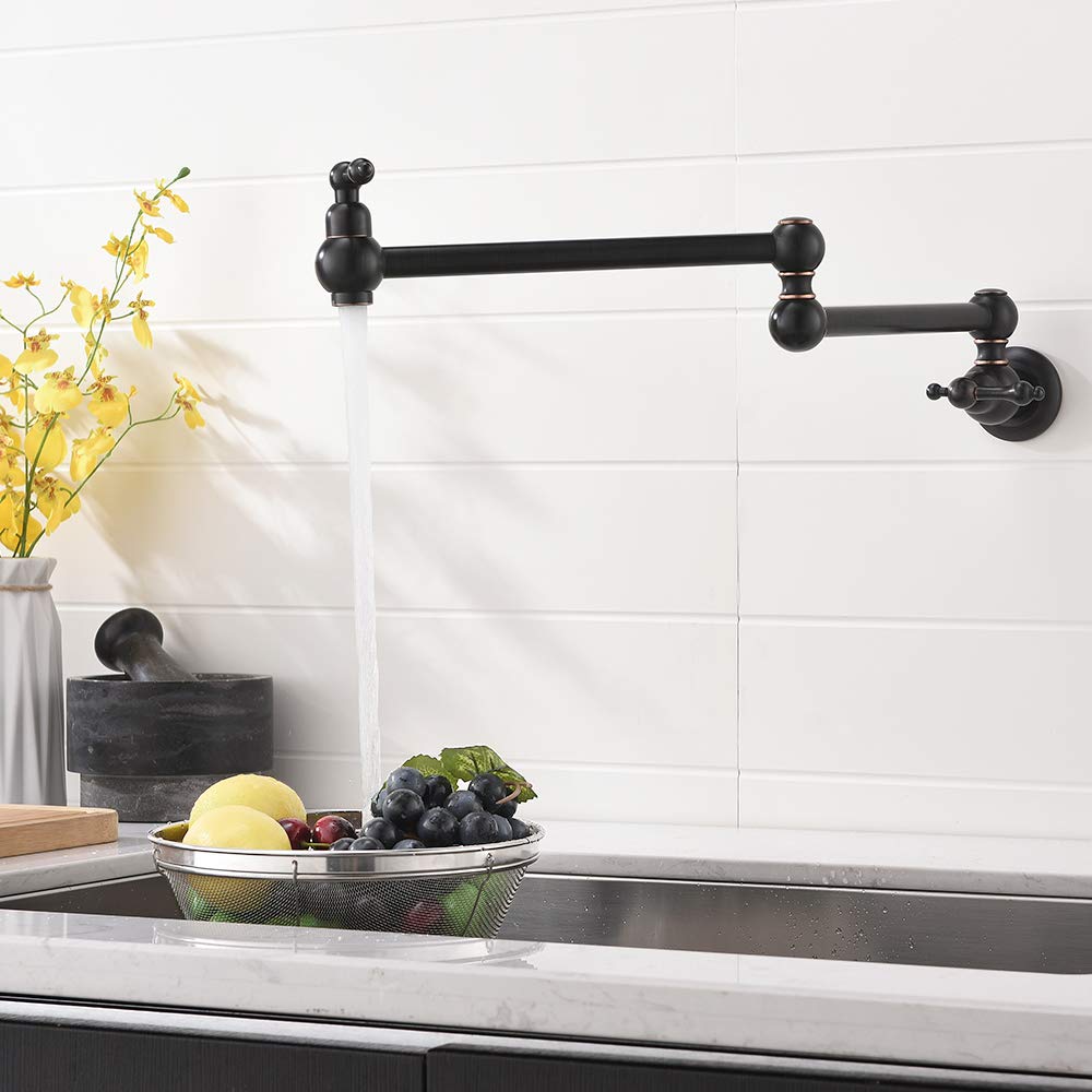 Oil Rubbed Bronze Commercial Pot Filler Faucet - Stainless Steel Wall Mount Kitchen Faucet with Folding Stretchable Double Joint & 2 Handles - Perfect for Restaurant, Home Kitchen & High-Traffic Sink Areas