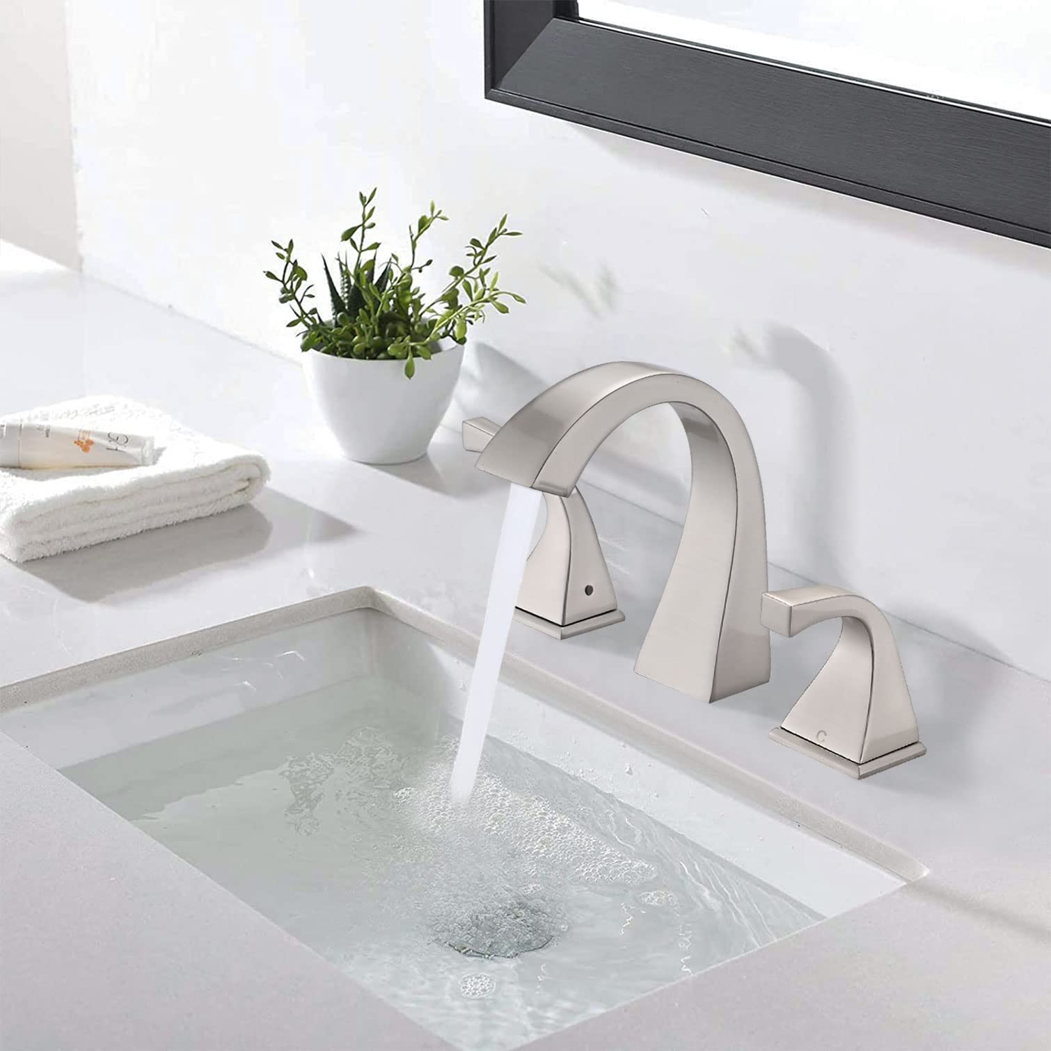 Premium Brushed Nickel 8-Inch Widespread Bathroom Faucet - 2-Handle Brass Sink Faucet for 3-Hole Lavatory with Pop-Up Drain & Supply Hoses - Perfect for Modern Bathroom Renovation & Vanity Upgrades