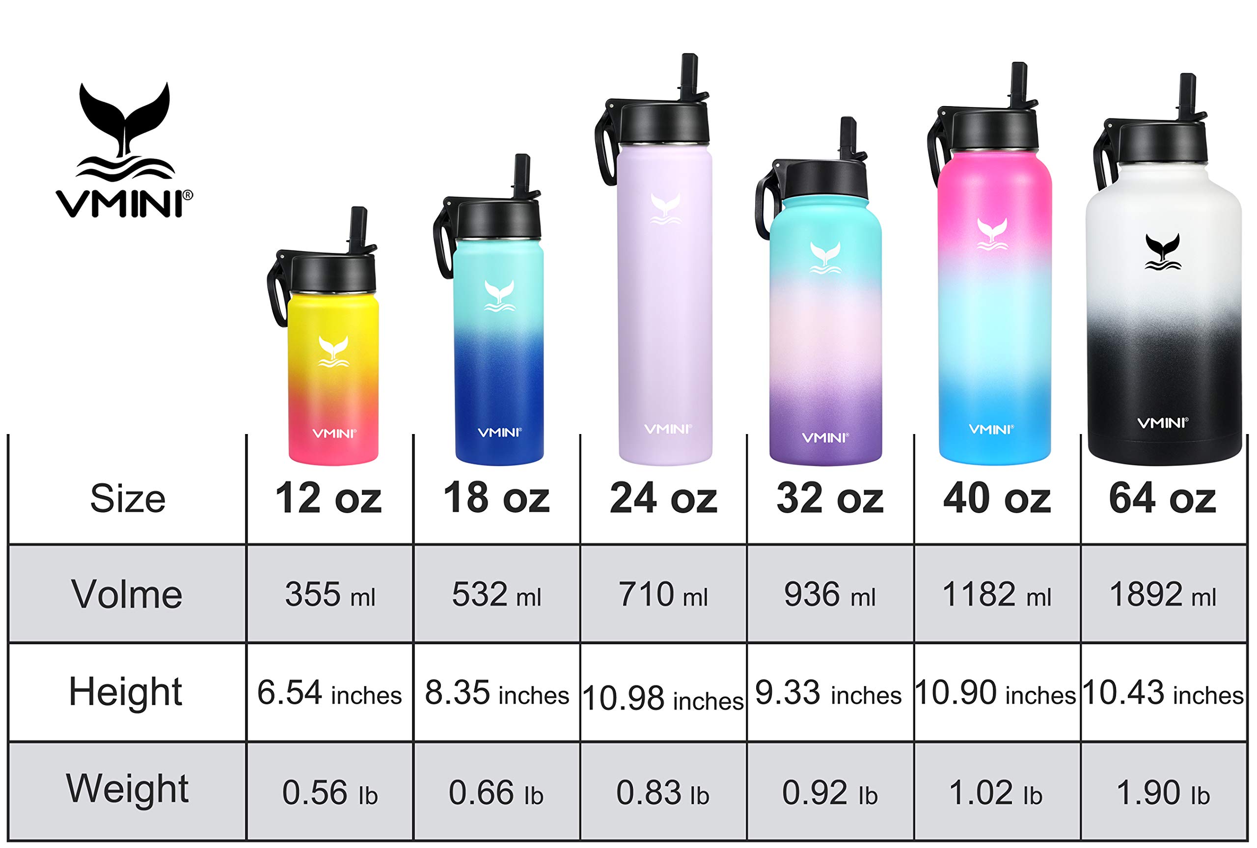 Vmini 40oz Insulated Water Bottle with Straw & Handle for Travel & Gym