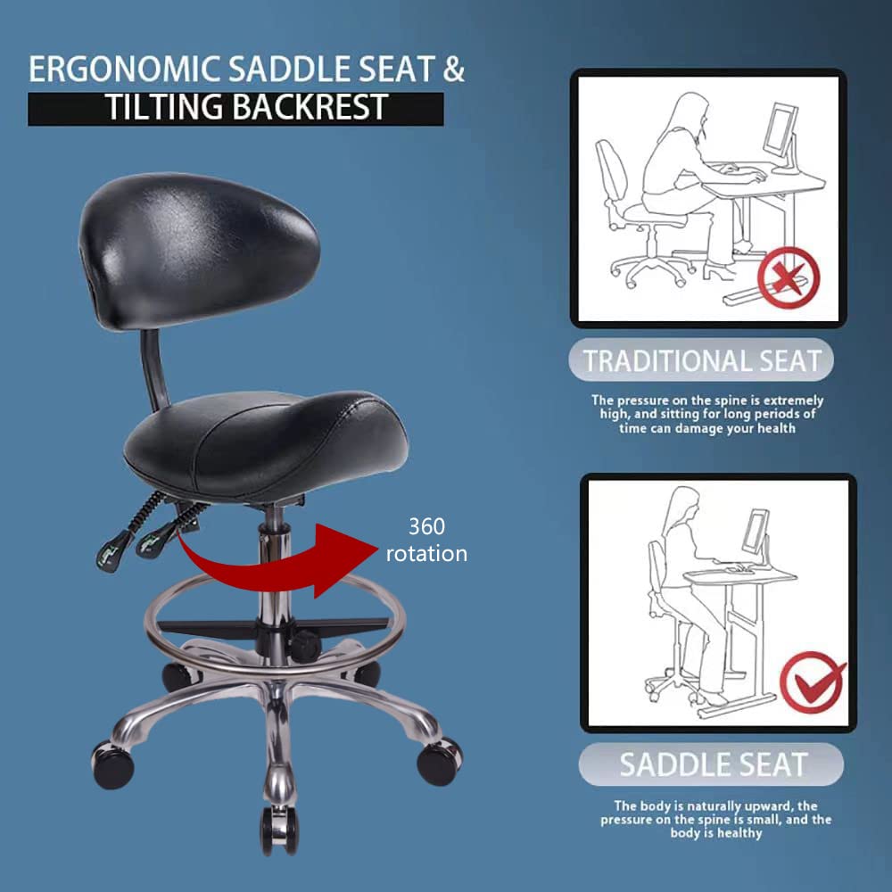 Ergonomic Rolling Saddle Stool with Backrest & Foot Ring - Adjustable Salon Stool for Tattoo Artists, Estheticians, Dentists & Spa Professionals (Black) | Perfect for Facial Treatments, Lash Extensions & Medical Clinics