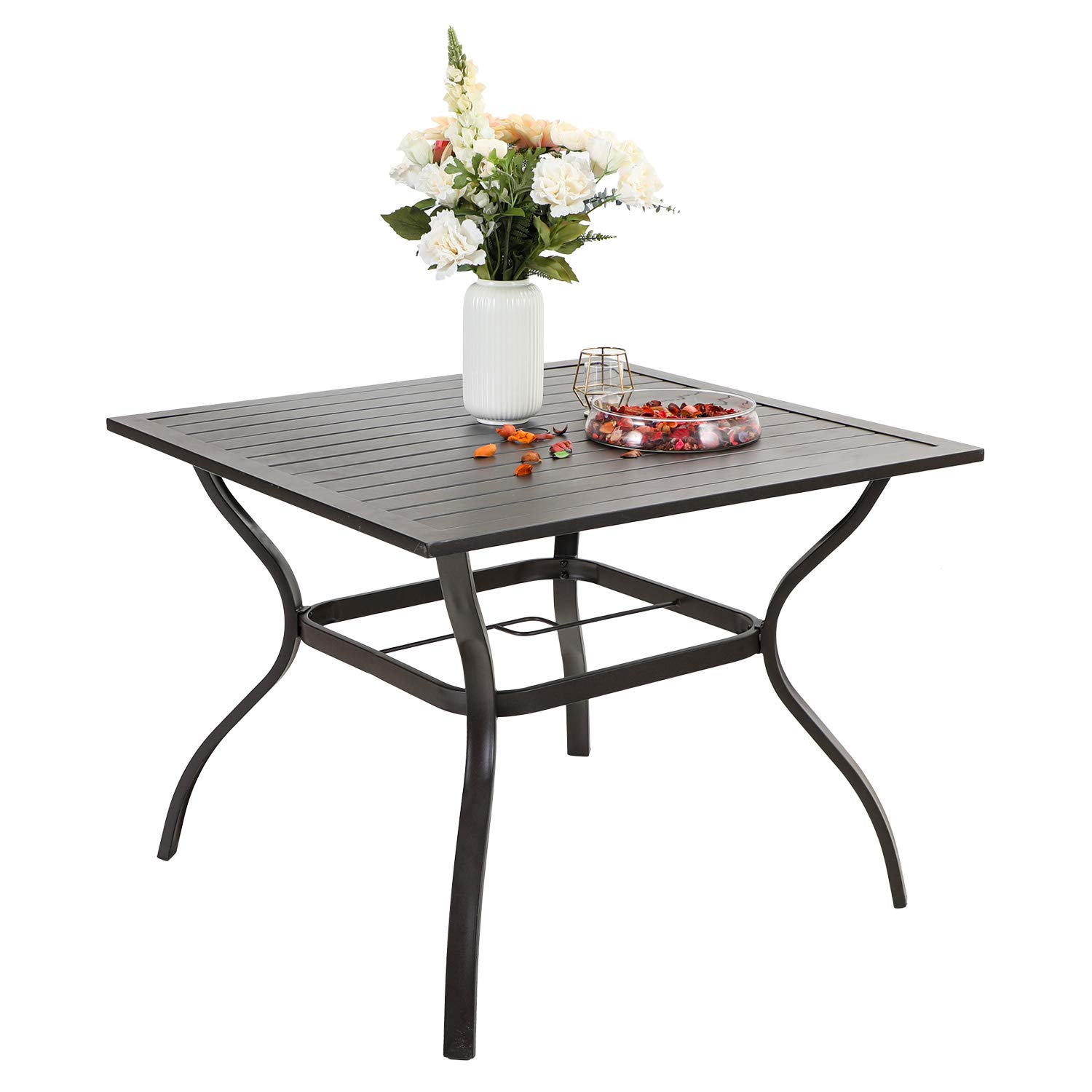 PHI VILLA 37 Inch Square Outdoor Dining Table - Rust-Resistant Steel Slat Bistro Table with Umbrella Hole (1.57