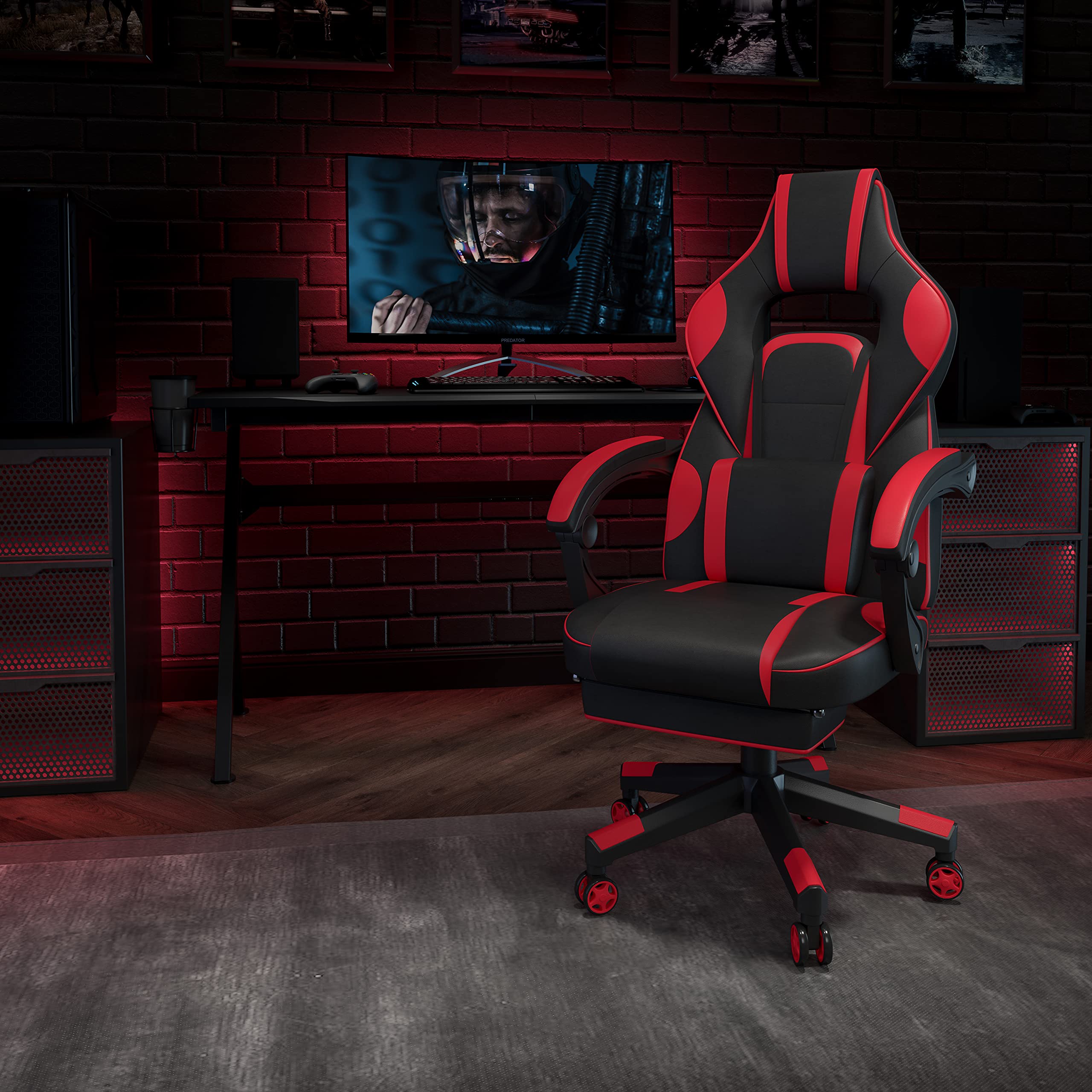 Emma & Oliver Red Ergonomic Gaming Chair with Adjustable Reclining Back, 3D Armrests, Footrest & Lumbar Massage - Perfect for PC Gaming, Office Work & Home Relaxation