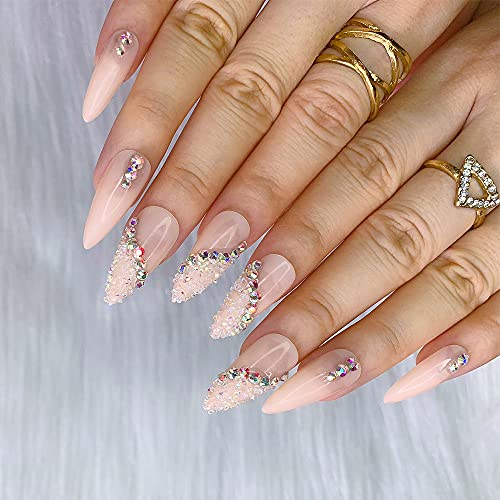 24pcs Glossy Pure Color Press on Fake Nails with Rhinestones & Glitter - Medium Long Stiletto Almond Shape Artificial Nails for Women | Luxury Manicure for Parties, Weddings & Special Occasions (Pink Mixed Crystal)