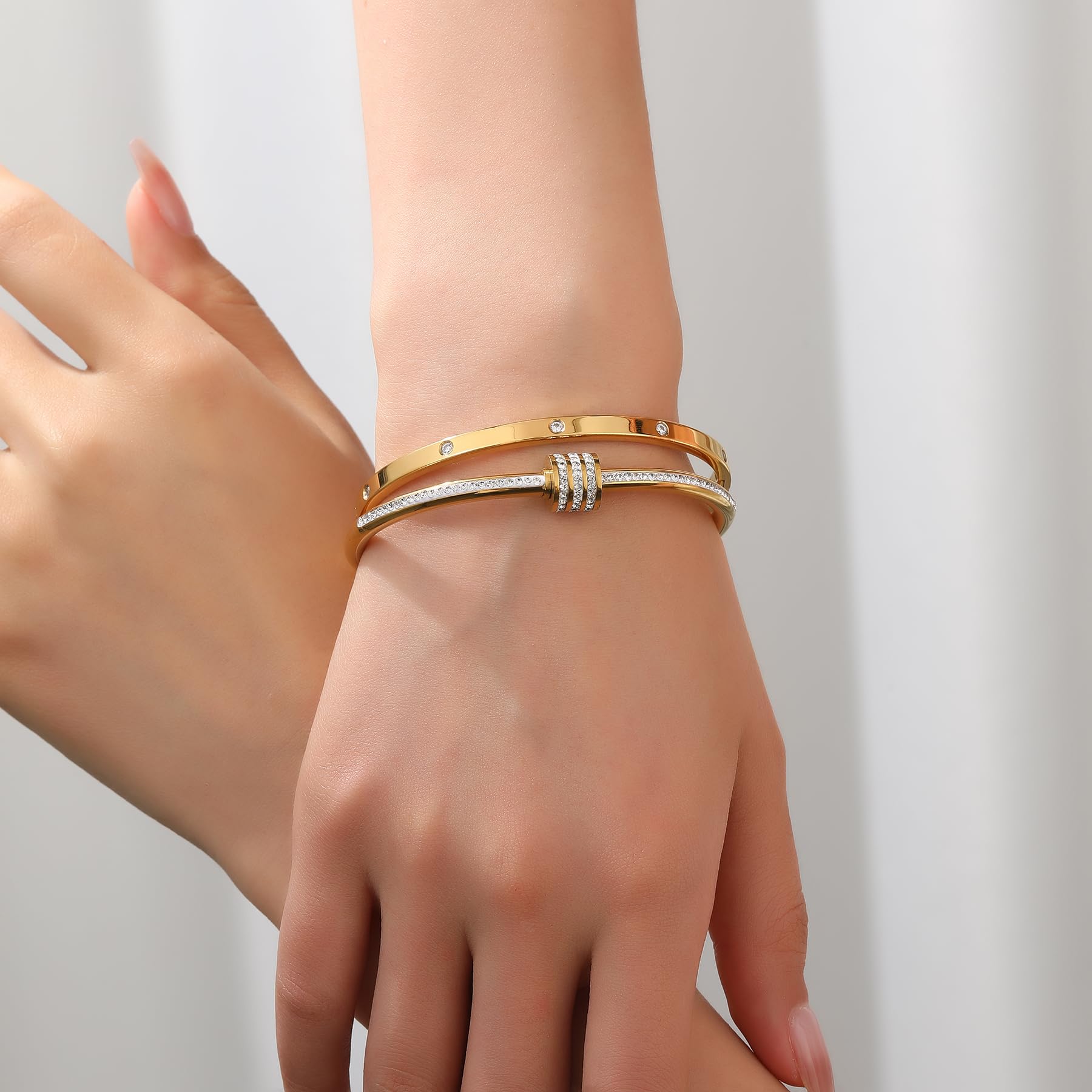 Elegant Women's Stainless Steel Gold Plated Cuff Bracelet with Cubic Zirconia Hinge - Oval Bangle for Anniversary, Birthday & Valentine's Day Gifts | Perfect for Date Nights, Weddings & Special Occasions