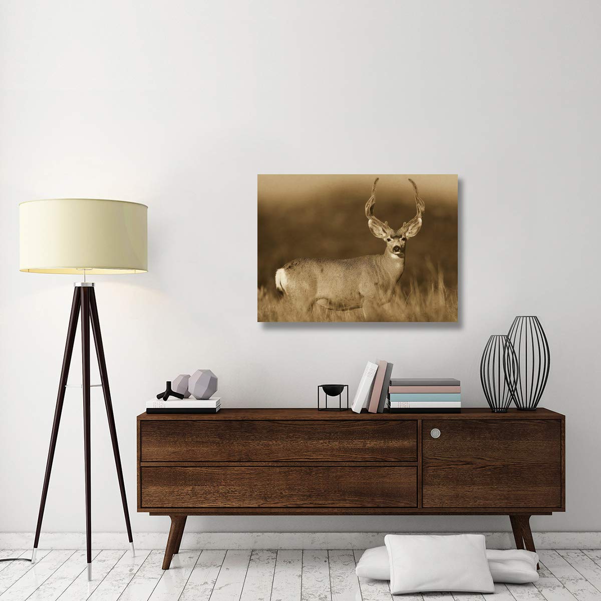 Sepia-Toned Canvas Art Print - Mule Deer Male in Dry Grass, North America Wildlife - 40