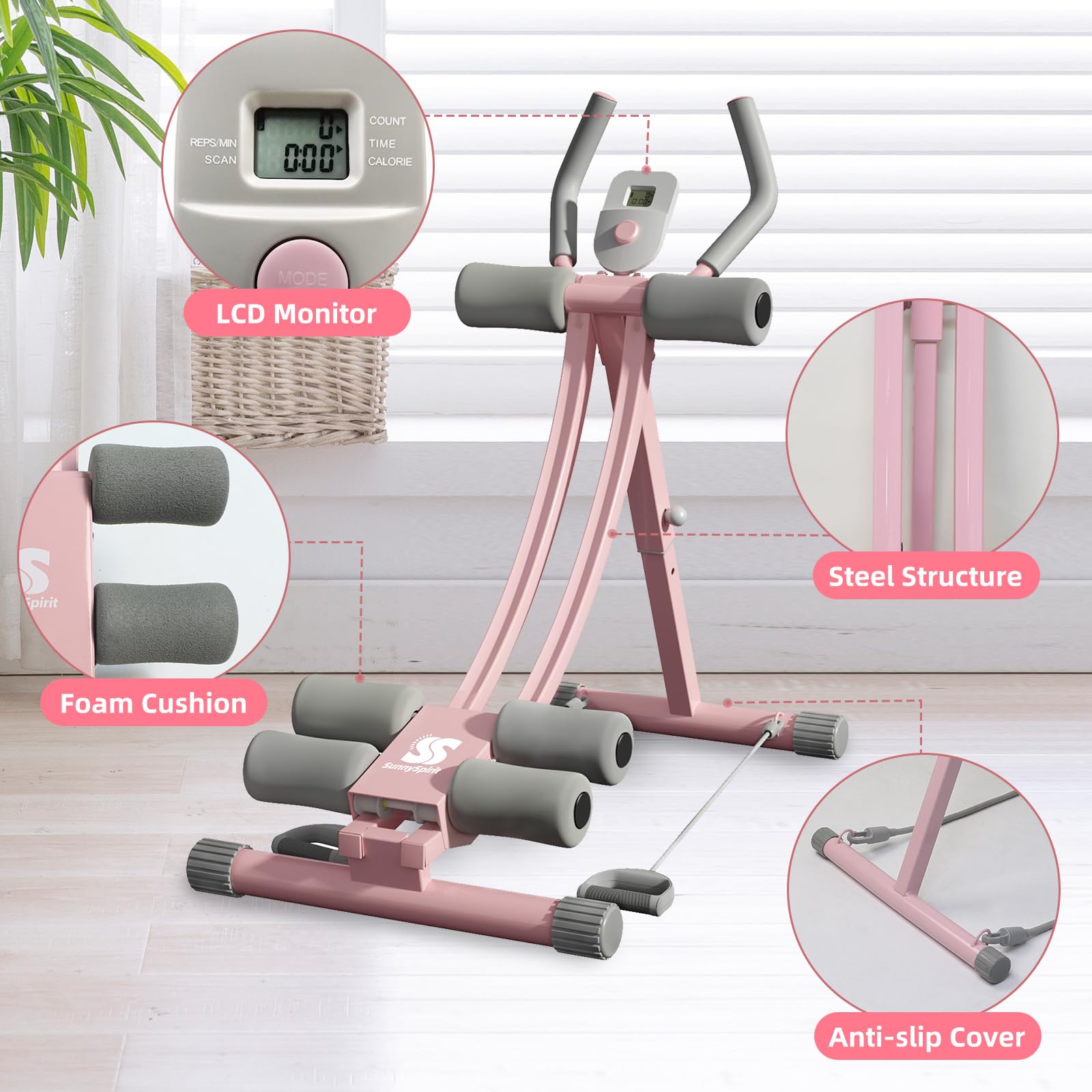 Ergonomic Dual-Track AB Workout Machine for Women - Pink Abdominal Trainer with LED Display & Adjustable Resistance - Perfect for Home Gym, Core Strengthening, and Toning Stomach Muscles