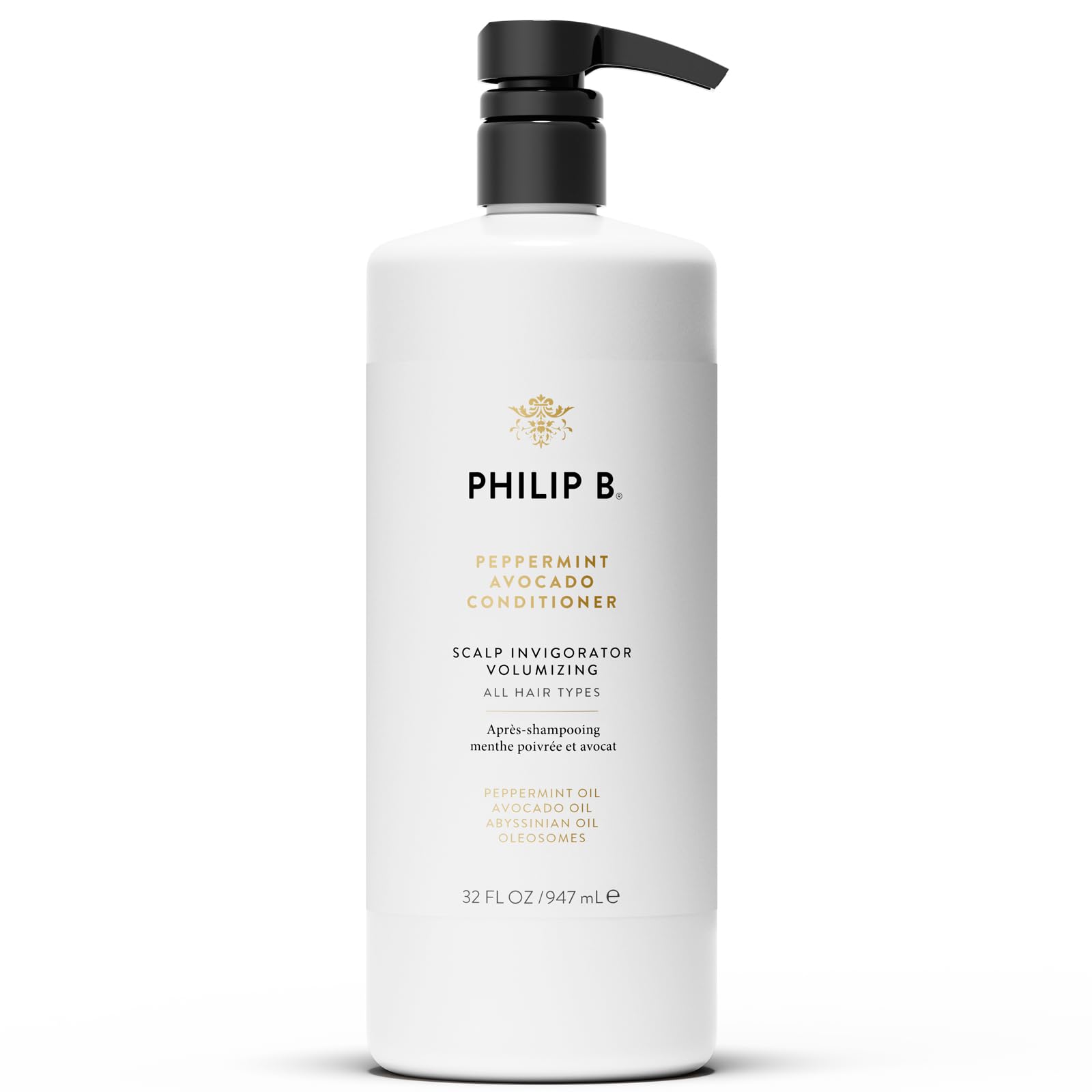 PHILIP B Peppermint & Avocado Volumizing Conditioner - 32 fl oz (947 ml) for Thicker Hair with Refreshing Peppermint & Eucalyptus Oils to Stimulate Scalp - Ideal for Daily Hair Care & Spa-Like Treatment at Home