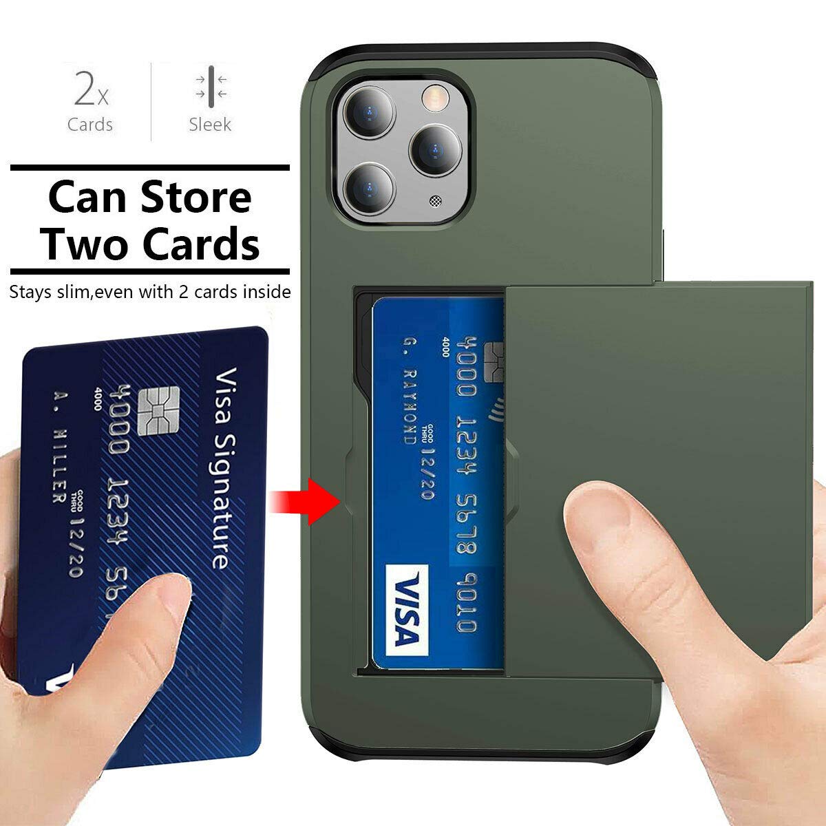 Ultra-Thin Shockproof Hard Back Silicone Case with Credit Card Holder for iPhone 12 Pro Max - Army Green | Slim Protective Cover with ID Card Slot for Everyday Use & Travel
