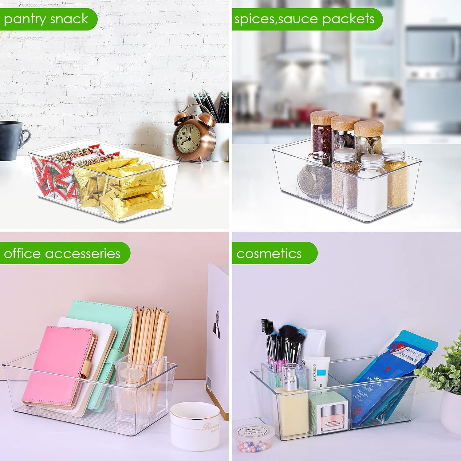7 Pack Clear Pantry Organizer Bins with Removable Dividers - Stackable Kitchen Storage Containers for Snacks, Spices & Pouches - Perfect for Fridge, Cabinet & Pantry Organization (Space Saving Solution)