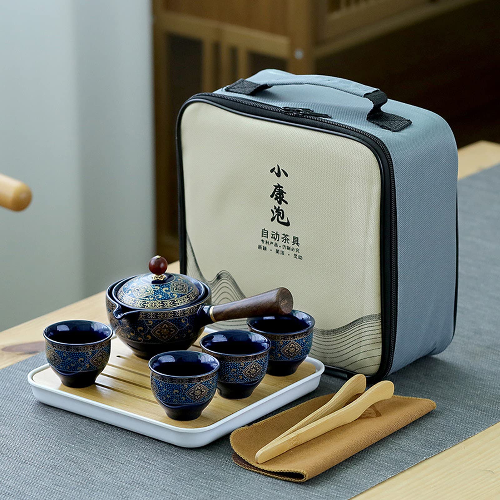 Premium Ceramic Mini Gongfu Tea Set - Portable Travel Teapot with Bamboo Tray, Tea Infuser & 4 Porcelain Cups | Chinese Tea Ceremony Gift Set for Home, Office, Hotel & Outdoor Picnic | Compact All-in-One Design with Carrying Bag