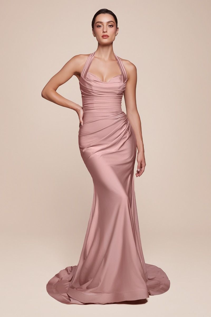Elegant Dusty Rose Stretch Spandex Satin Halter Fitted Dress for Women | Perfect for Fall Weddings, Evening Parties & Special Occasions