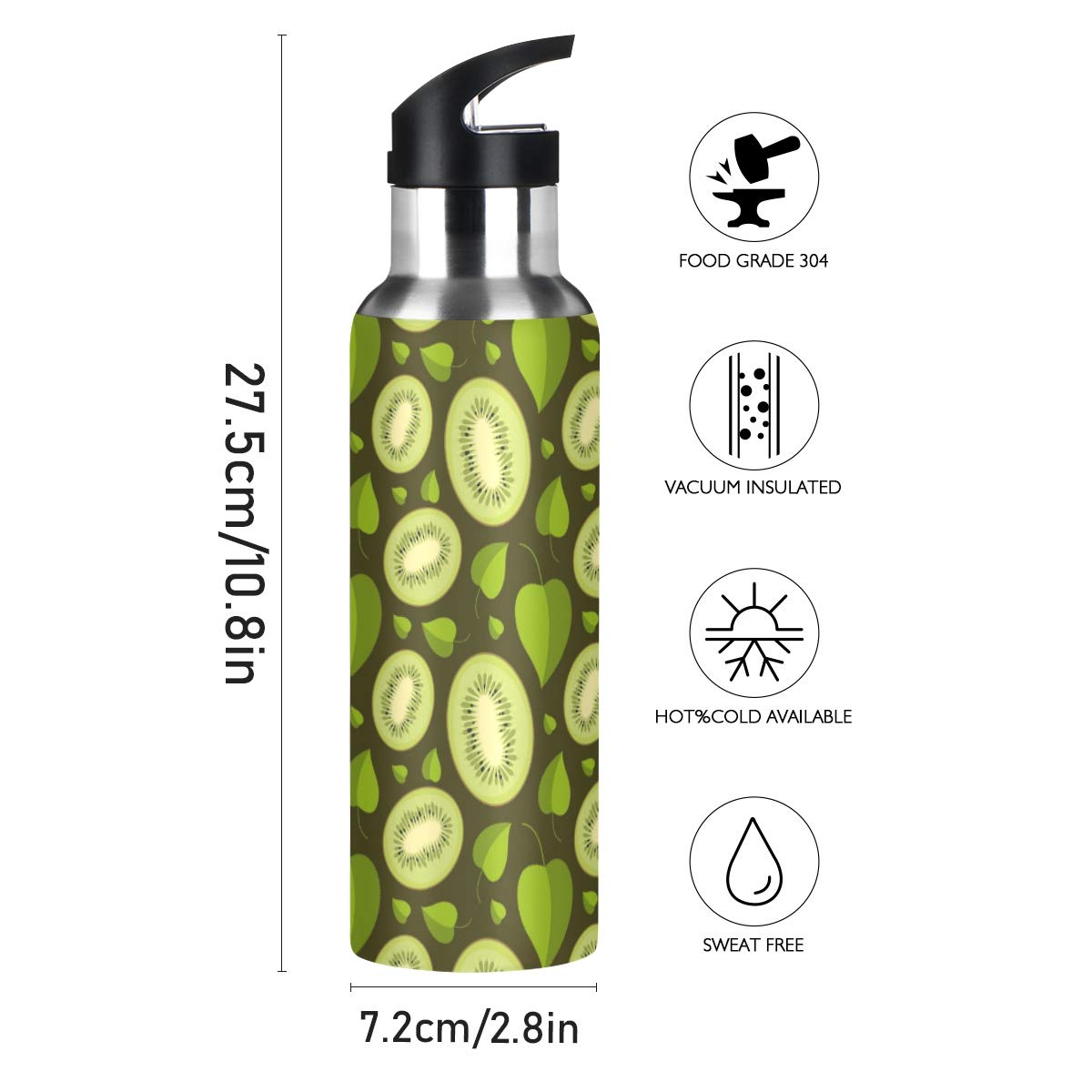 Kiwi Pattern Stainless Steel Water Bottle - 600ml (22oz) Reusable Sports Bottle for Gym, Running, Cycling & Outdoor Activities | BPA-Free, Leak-Proof Design