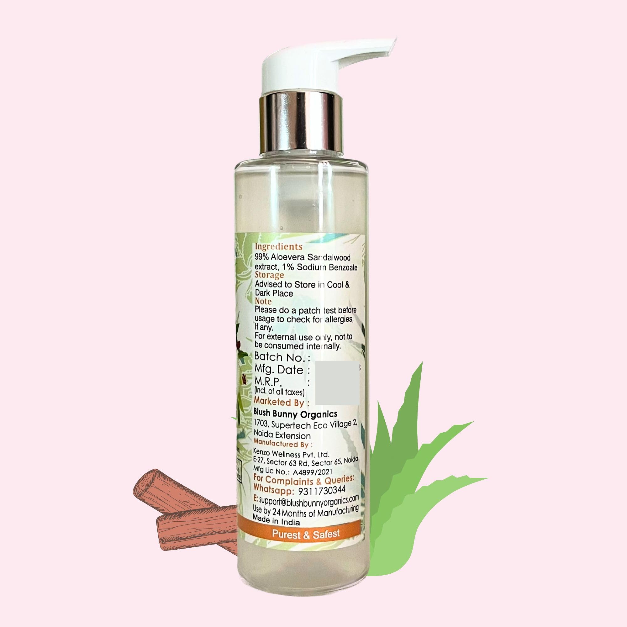 Blush Bunny Organics 99% Pure Aloe Vera & Sandalwood Gel for Oily, Acne-Prone Skin - 200ml (6.76 oz) | Soothing Face Moisturizer for Sensitive Skin, After Sun Care & Daily Hydration