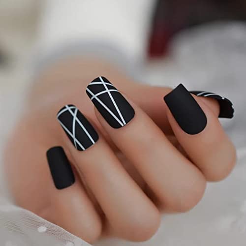 24-Piece Black False Nails Medium Length Full Coverage Glossy Fake Artificial Nails with Black Strip Design - Perfect for Parties, Weddings & Special Occasions