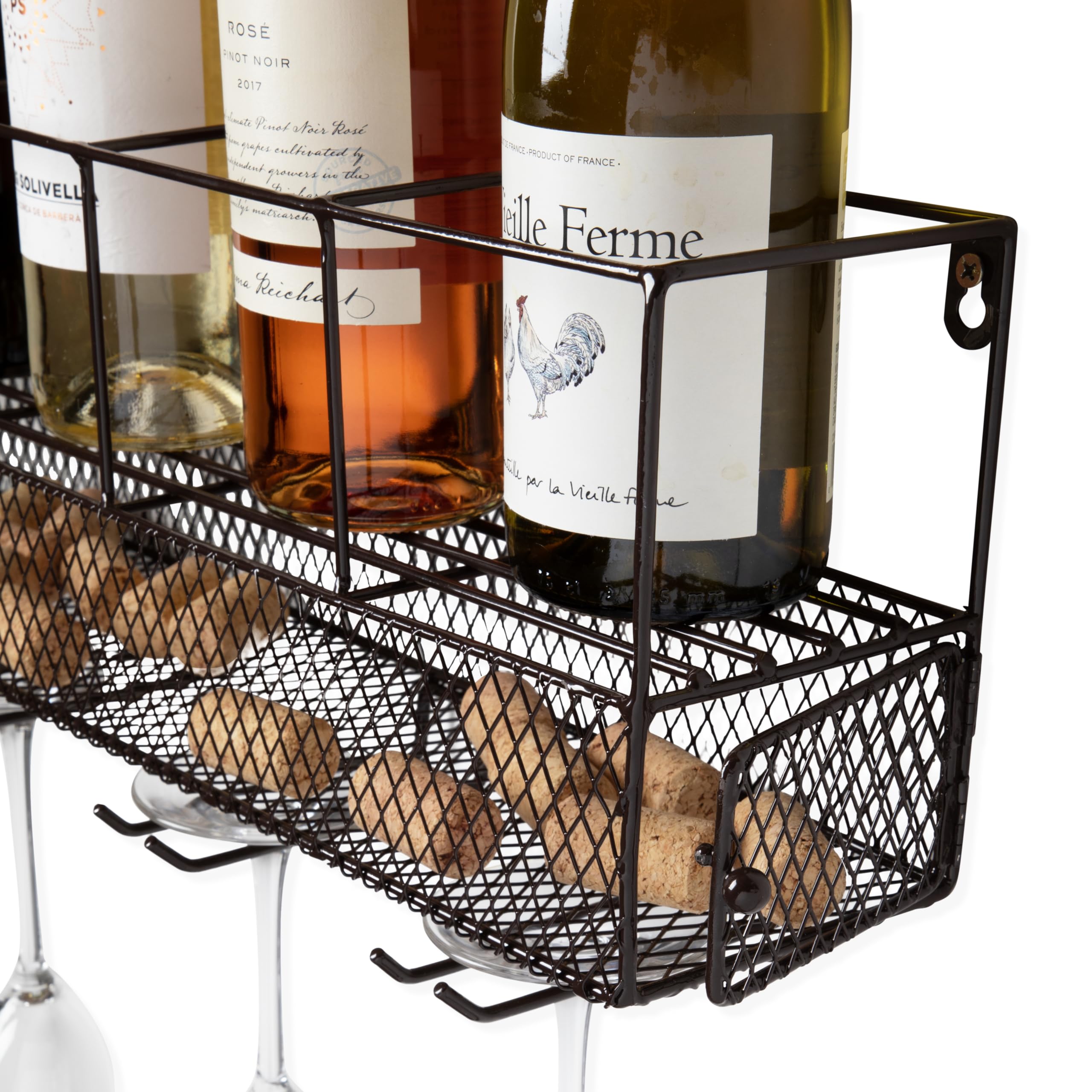 Sturdy Wall Mounted Wine Rack with Cork Cage Stemware Holder - Holds 5 Wine Bottles & 4 Glasses, Rustic Brown Finish - Perfect for Kitchen, Bar, Dining Room & Wine Cellar Organization