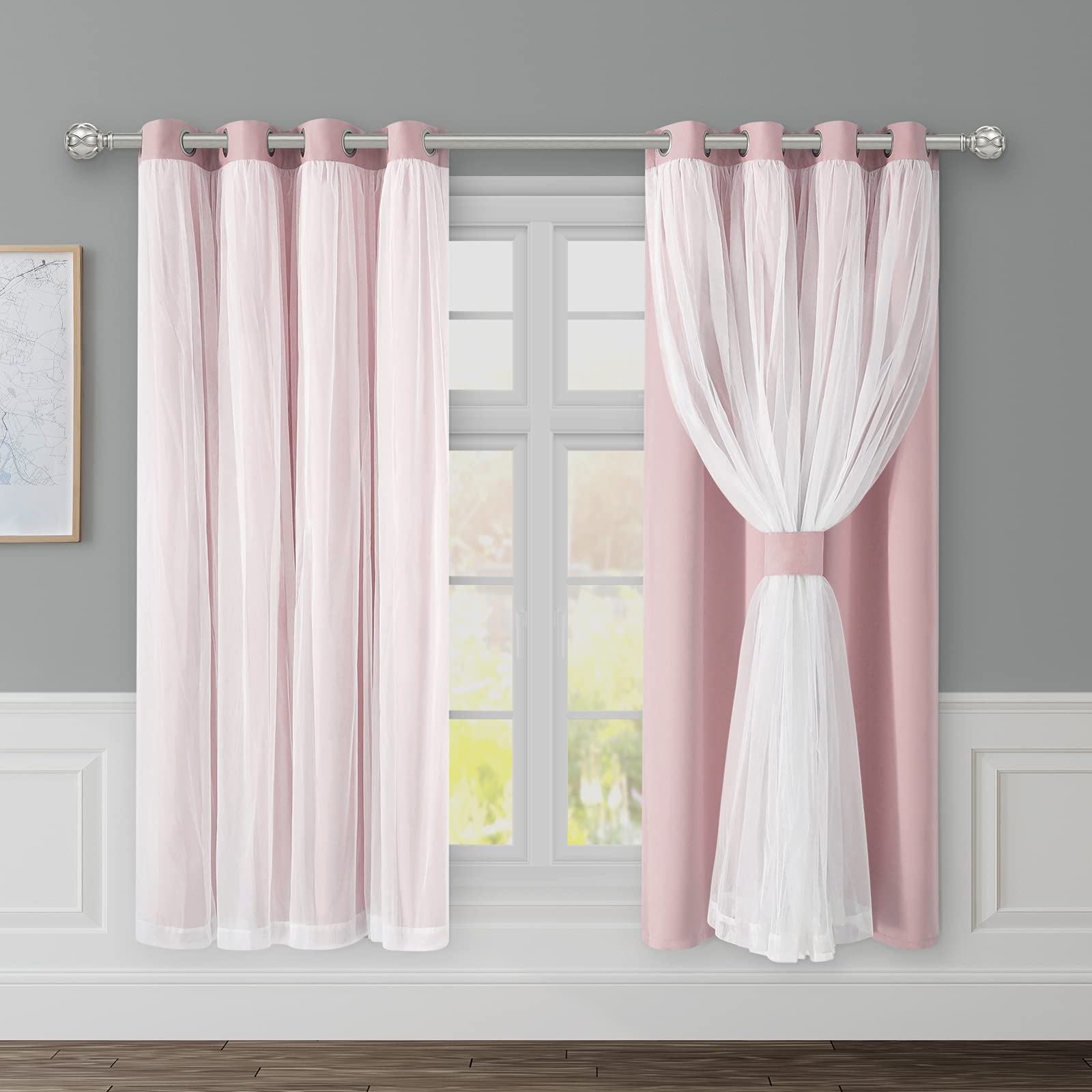 HomeIdeas Double Layer Blackout Curtains - Pink Grommet Window Drapes 63 Inch Length (2 Panels) for Girls Nursery & Kids Bedroom - Thermal Insulated Sheer Overlay Curtains for Better Sleep & Light Control