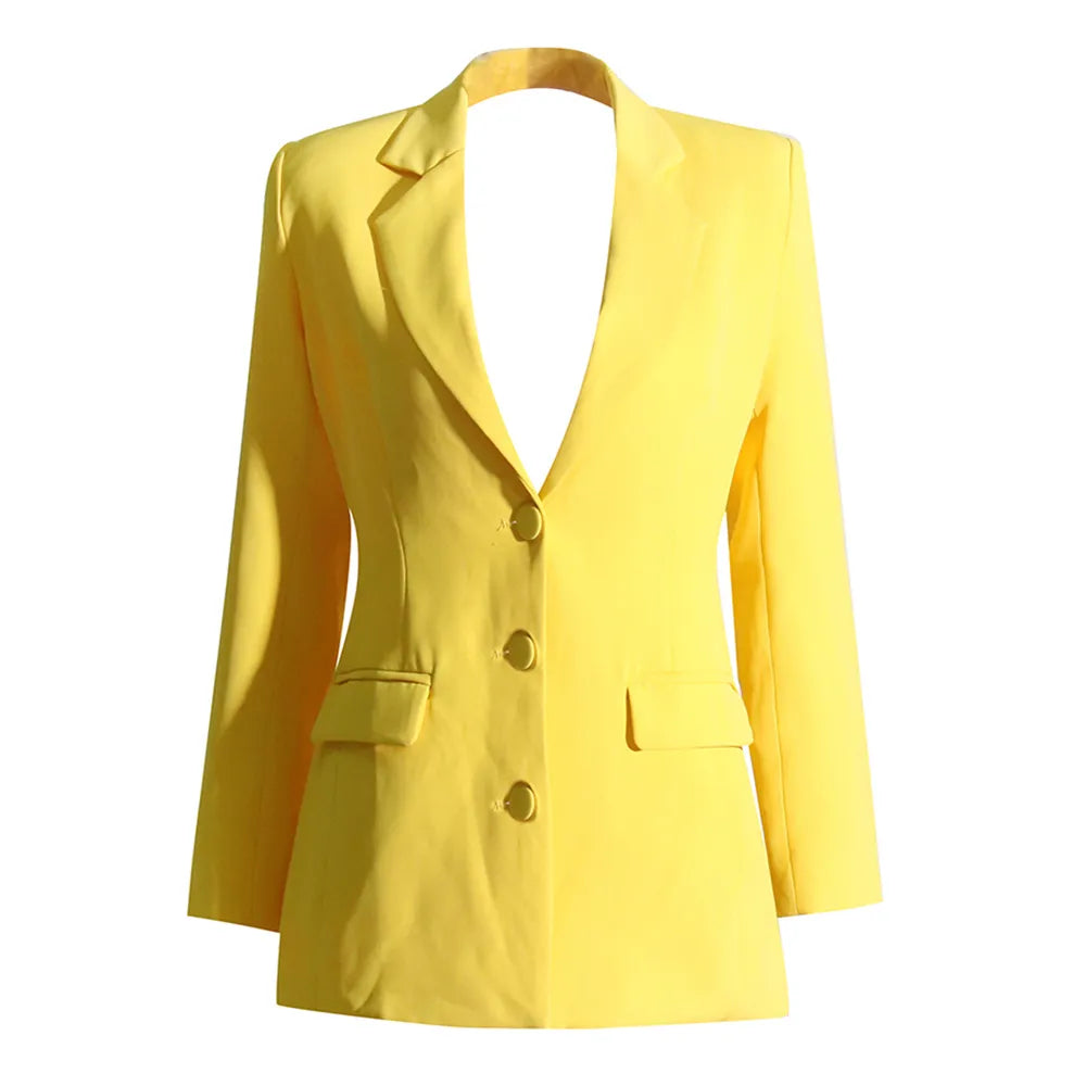 Stylish Backless Patchwork Diamonds Women's Casual Blazer - Notched Collar Long Sleeve Spliced Button Jacket for Office, Party & Date Night Outfits