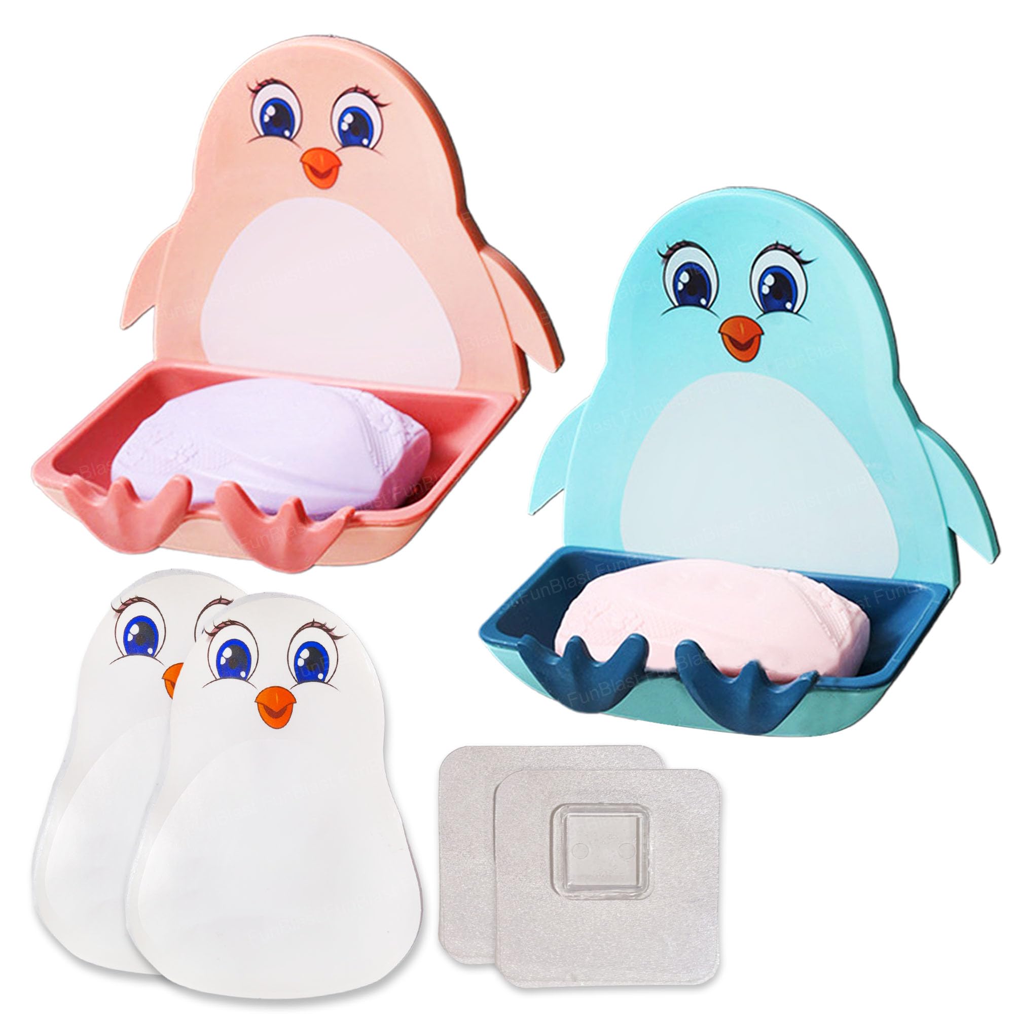 FunBlast Penguin Soap Case Set of 2 - Wall Mounted Soap Holder for Bathroom & Kitchen Sink, Waterproof Magic Stickers Soap Dish Organizer (Blue & Pink) - Perfect for Kids' Bathrooms, RV Showers, and Dorm Sinks