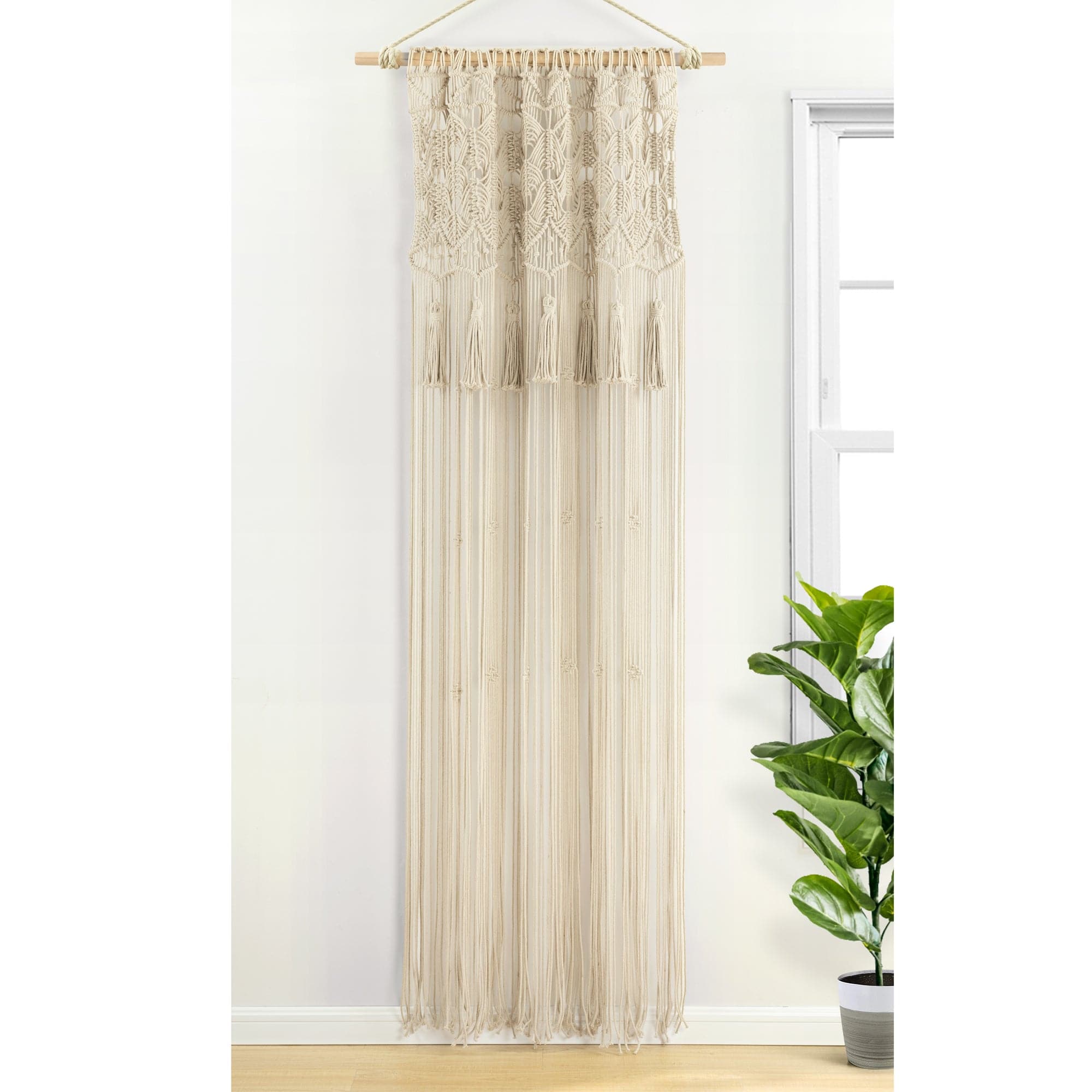 Boho Macrame Tassel Cotton Window Curtains for Living Room, Bedroom - Handmade Bohemian Sheer Drapes with Tassel Trim - Perfect for Home Decor, Nursery & Cozy Spaces