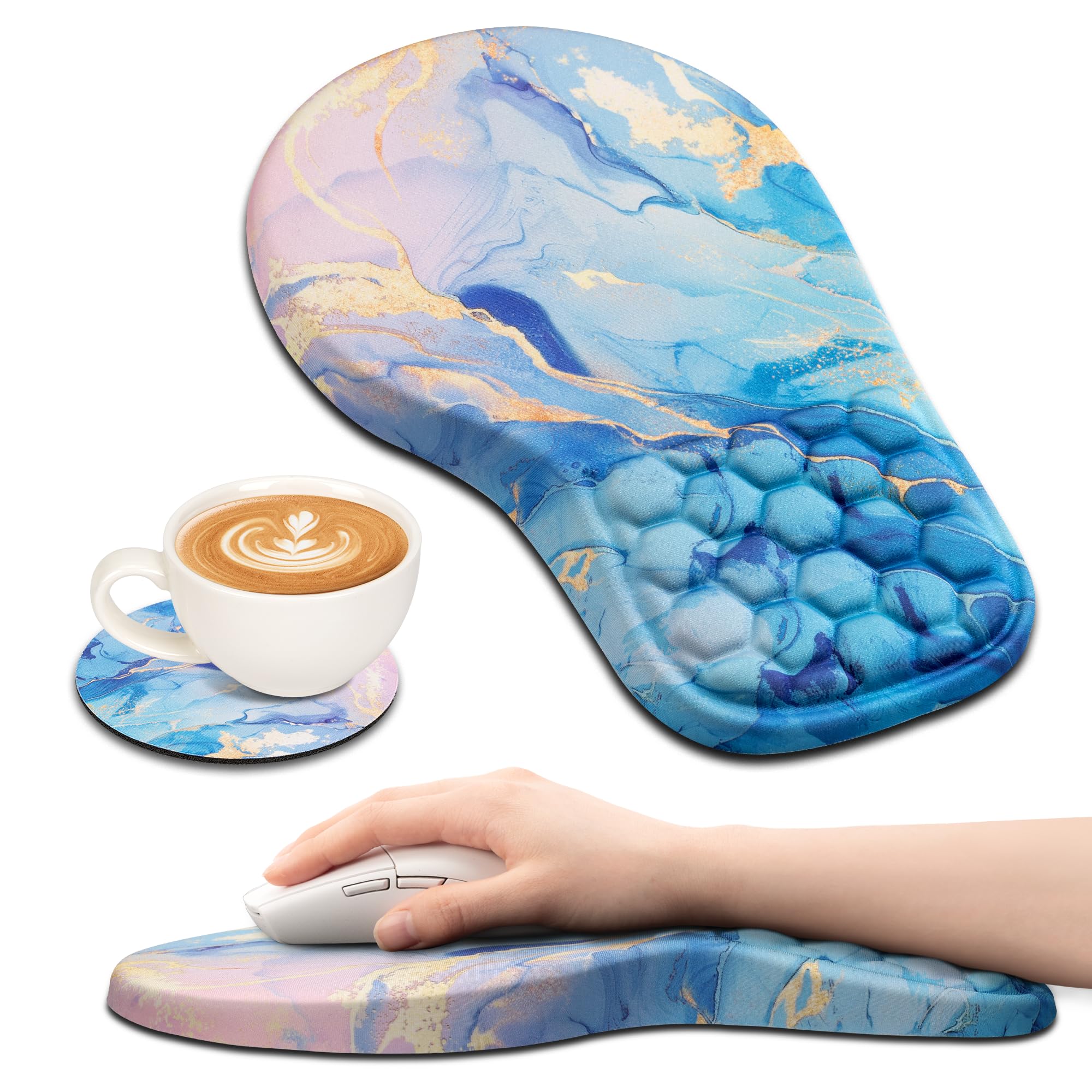 2 in 1 Ergonomic Mouse Pad with Wrist Support - Memory Foam Wrist Cushion for Pain Relief & Comfort, Non-Slip Desk Mouse Pad for Computer, Laptop, Gaming & Office Use (Green Marble Design) - Perfect for Long Hours of Typing & PC Work