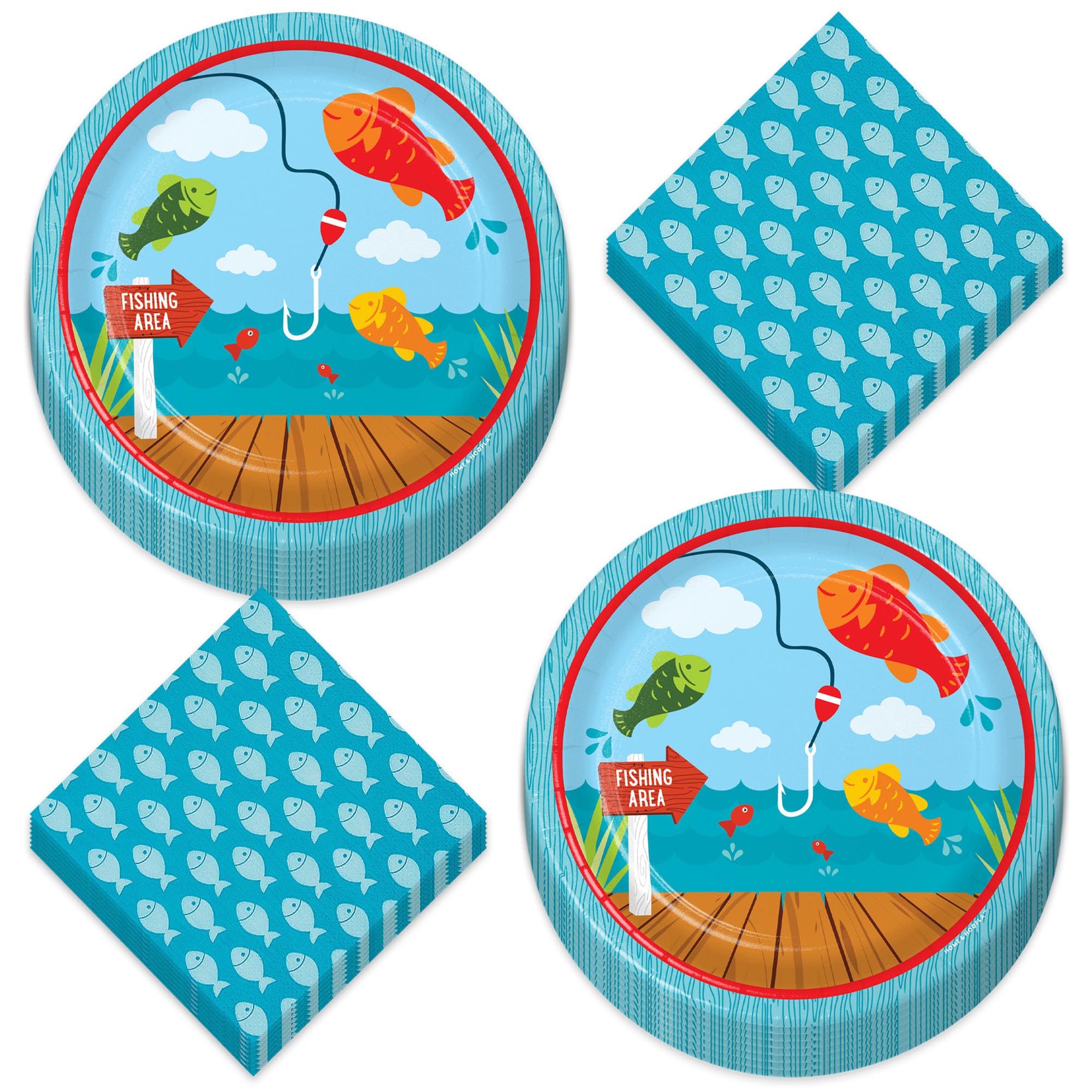 Fisherman Party Supplies - 16 Fishing & Camping Themed Paper Dessert Plates and Beverage Napkins Set for Outdoor BBQs, Birthday Parties, and Themed Events