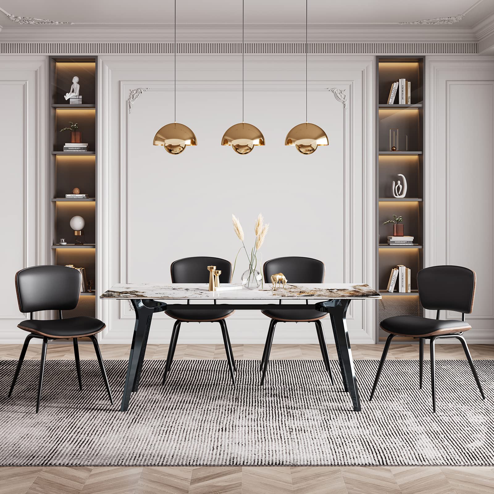 Stylish AQG Mid Century Modern Dining Chairs Set of 2 - Genuine Leather Upholstery with Bentwood Backrest & Sturdy Metal Legs - Perfect for Dining Room, Kitchen, Breakfast Nook & Home Decor