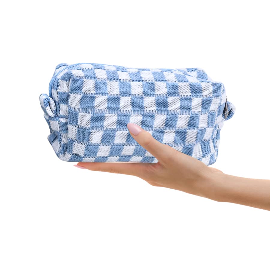 Large Checkered Makeup Bag - Travel Cosmetic Organizer with Zipper for Purse & Toiletries (Blue)