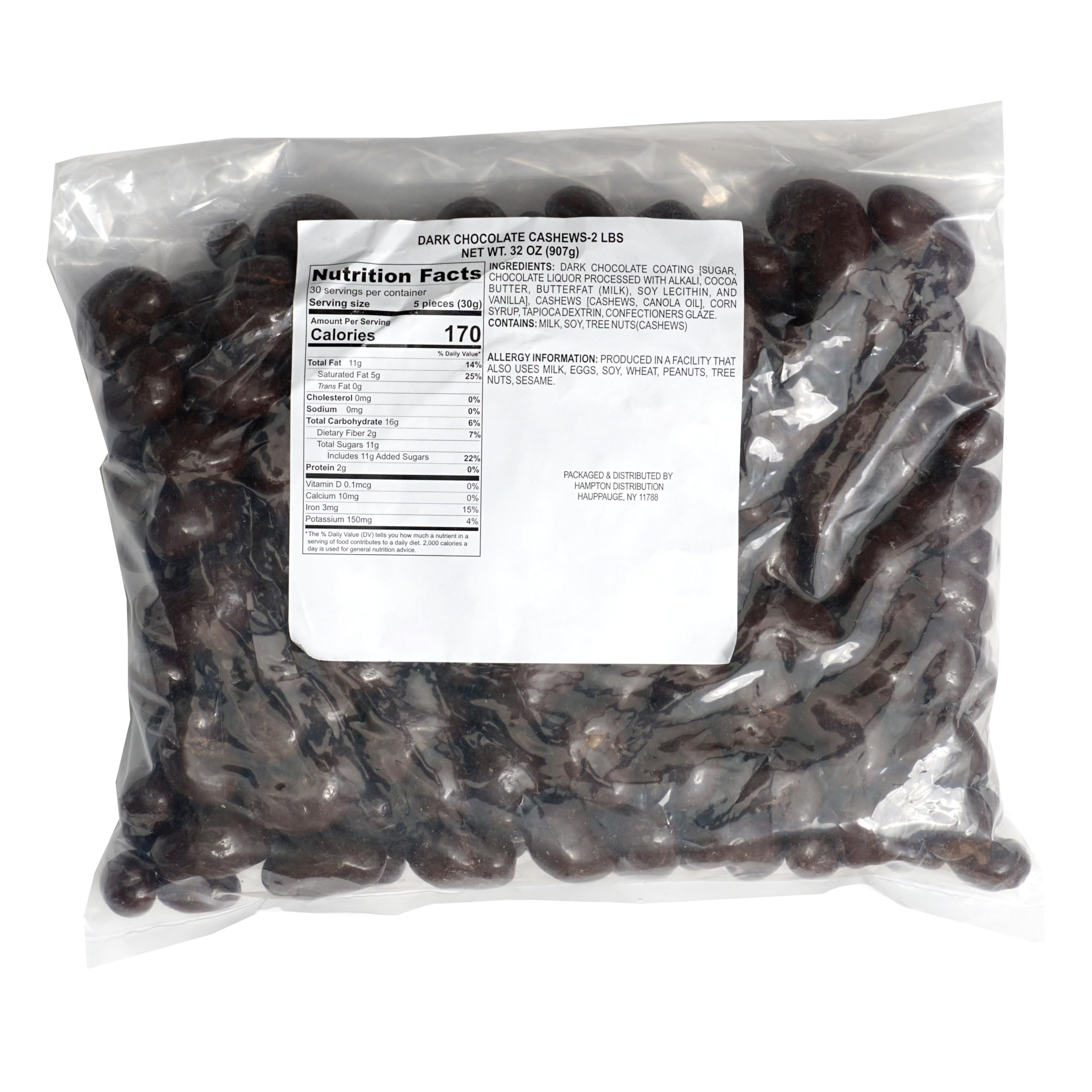 Premium Dark Chocolate Covered Cashews - 2 Pound Bulk Bag | Gourmet Chocolate Nuts for Snacking, Gifts & Parties | The Hampton Popcorn & Candy Company | Perfect for Office Treats, Holiday Gifts & Dessert Platters
