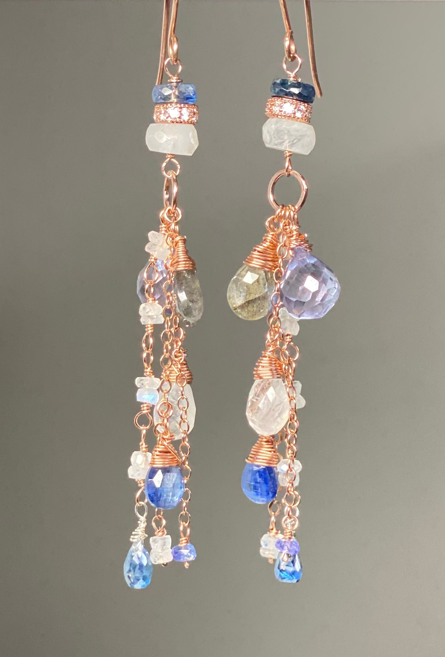 Rainbow Moonstone Labradorite Kyanite Rose Gold Long Boho Earrings - Blue & White Gemstone Dangle Earrings for Women, Hippie Festival Jewelry, Bridal Party Accessories