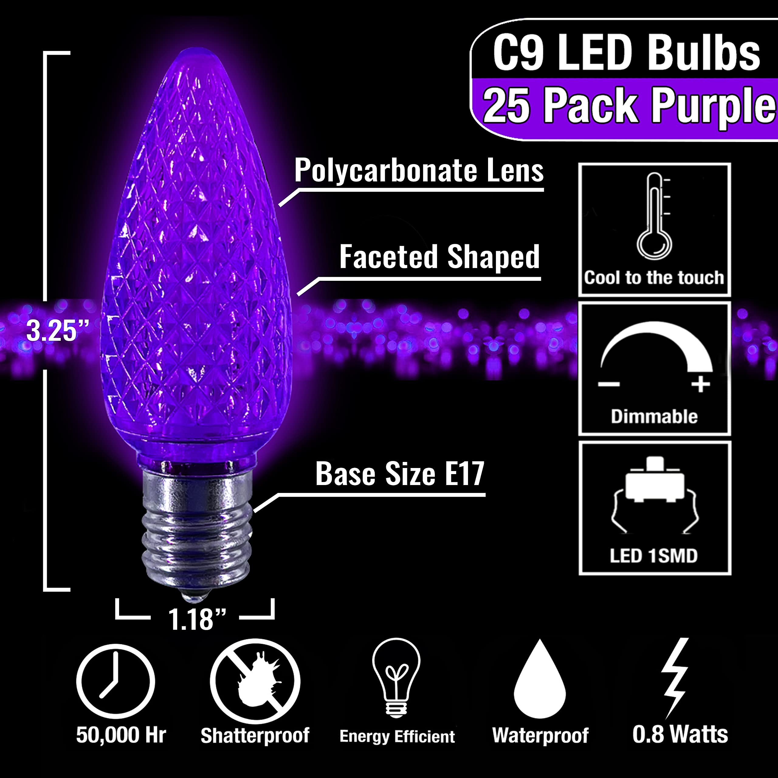C9 LED Purple Christmas Light Bulbs - Pack of 25, Faceted Retrofit Candle Shape, E17 Socket, Commercial Grade - Perfect for Holiday Decorations, Roof Lighting, and Festive Indoor/Outdoor Use