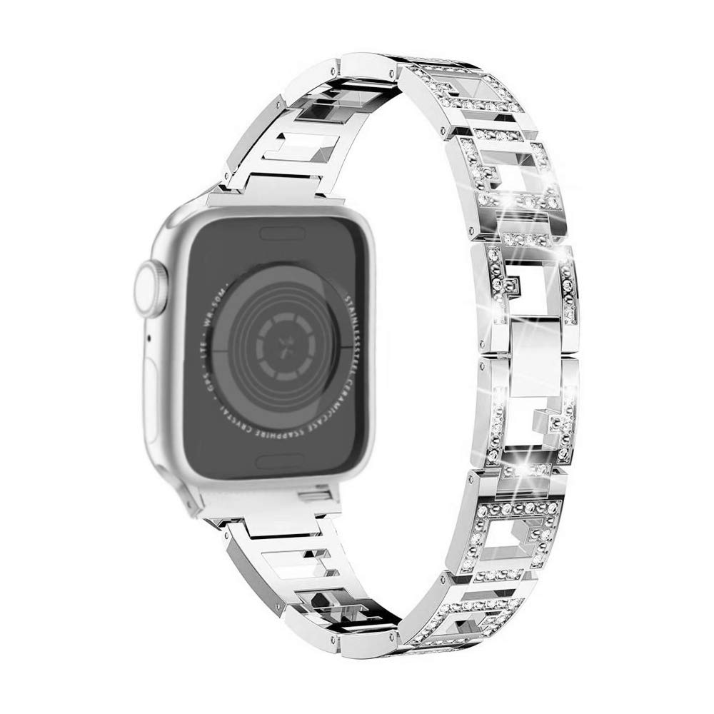 Mtozon Bling Bands Compatible with Apple Watch 41mm (Series 8/7), 40mm (SE/6/5/4), 38mm (Series 3/2/1) - Women's Replacement Metal Bracelet, Breathable Wristband for Ladies in Silver - Perfect for Workouts, Office Wear & Everyday Fashion Accessory