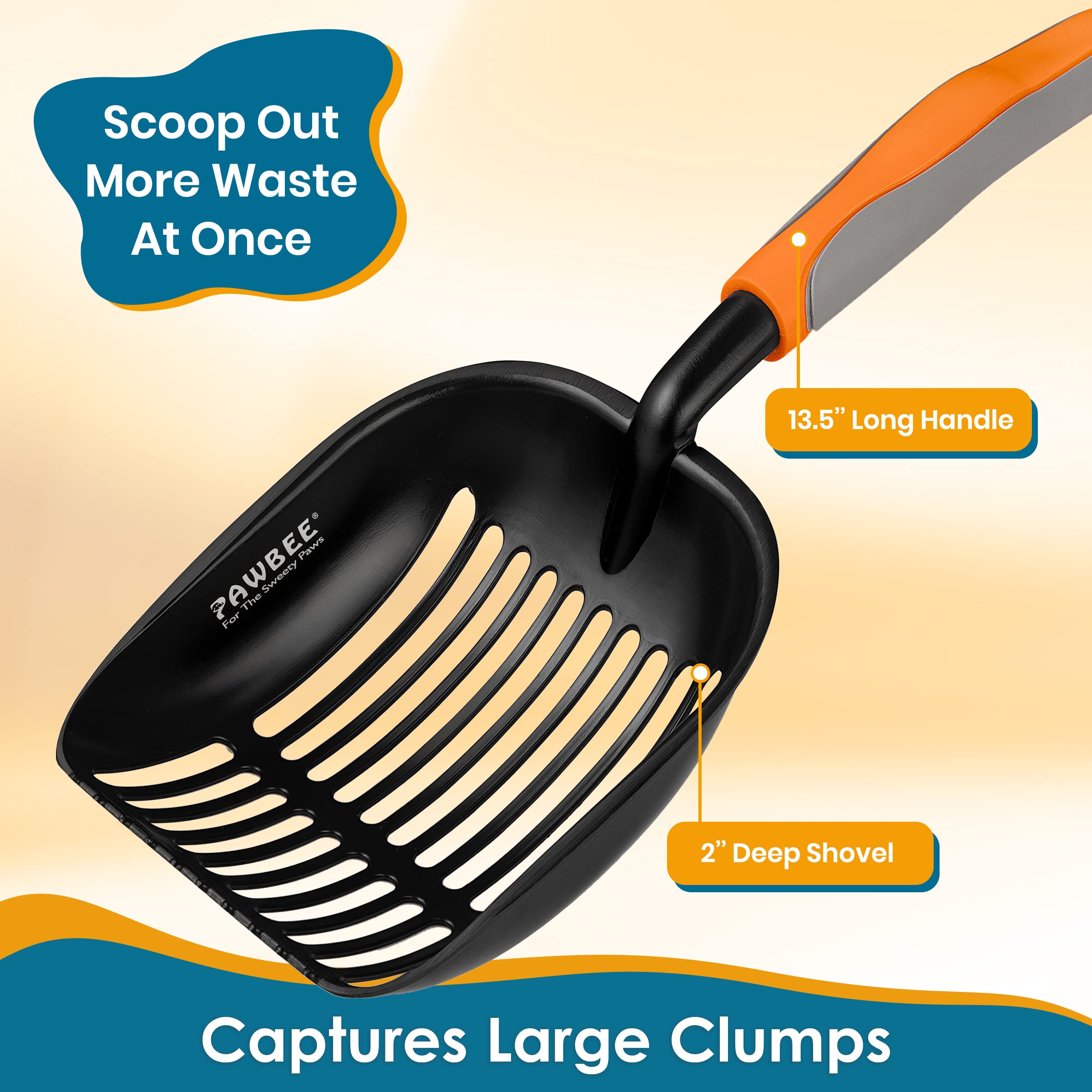PAWBEE Metal Cat Litter Scoop with Holder - Premium Non-Stick Stainless Steel Litter Scooper for Cats - Deep Shovel Design with Long Non-Slip Handle - Durable Kitty Waste Scoop for Litter Box Cleaning - Perfect for Multi-Cat Homes & Odor Control