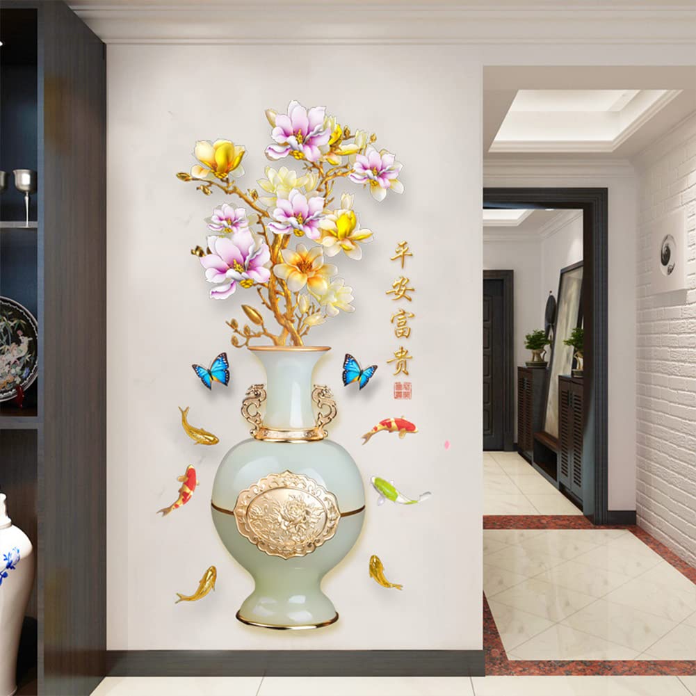3D Vase Wall Stickers - Embossed Flower PVC Self-Adhesive Waterproof Wall Decals, Removable Wallpaper for Bedroom Decor, Aesthetic Wall Art for Living Room, Kitchen & Home Background Design