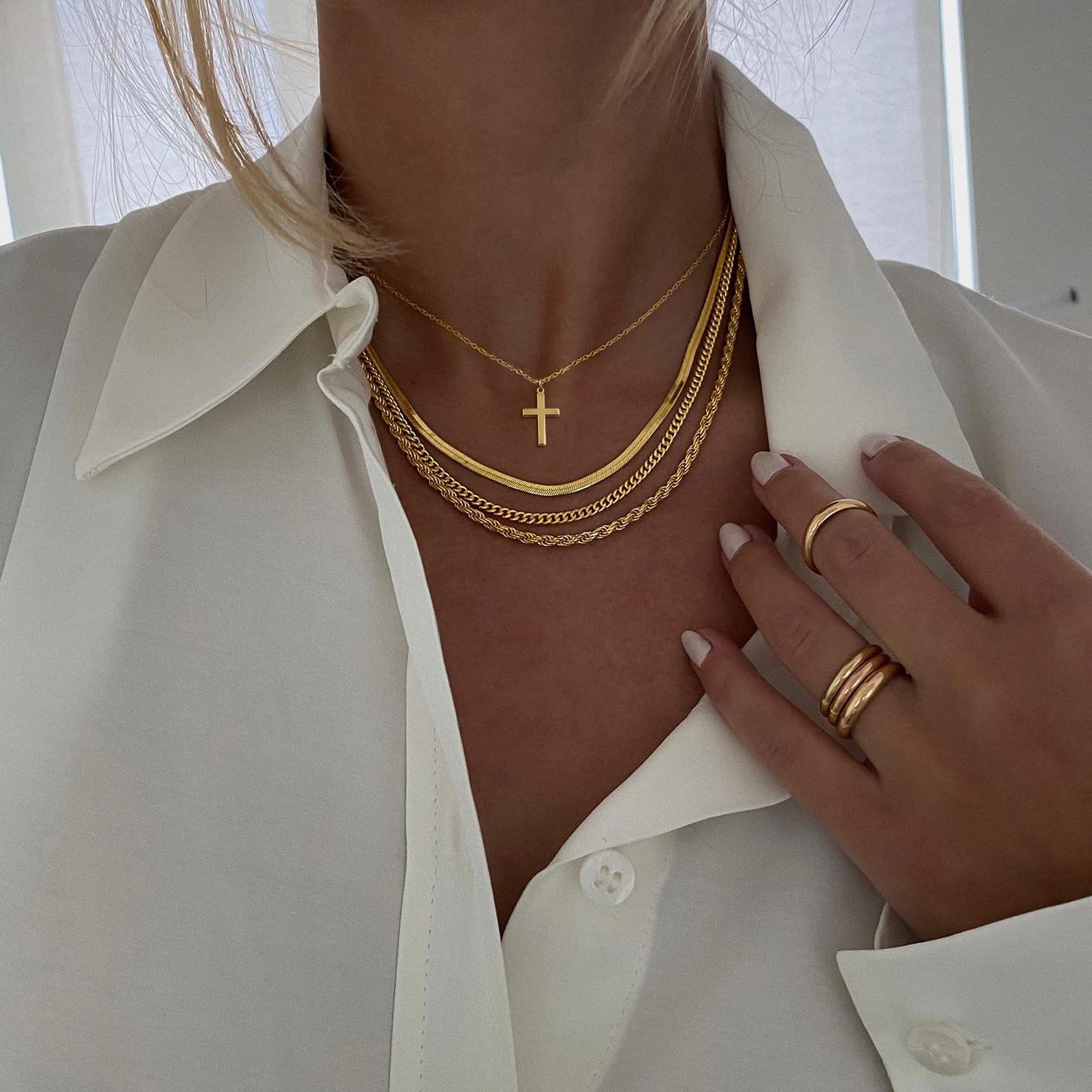 DEARMAY Dainty Cross Necklace for Women - 14k Gold Filled & Sterling Silver Layered Choker, Minimalist Thin Chain Necklace, Elegant Small Cross Pendant Jewelry | Perfect Gift for Her, Everyday Wear, Church, Special Occasions
