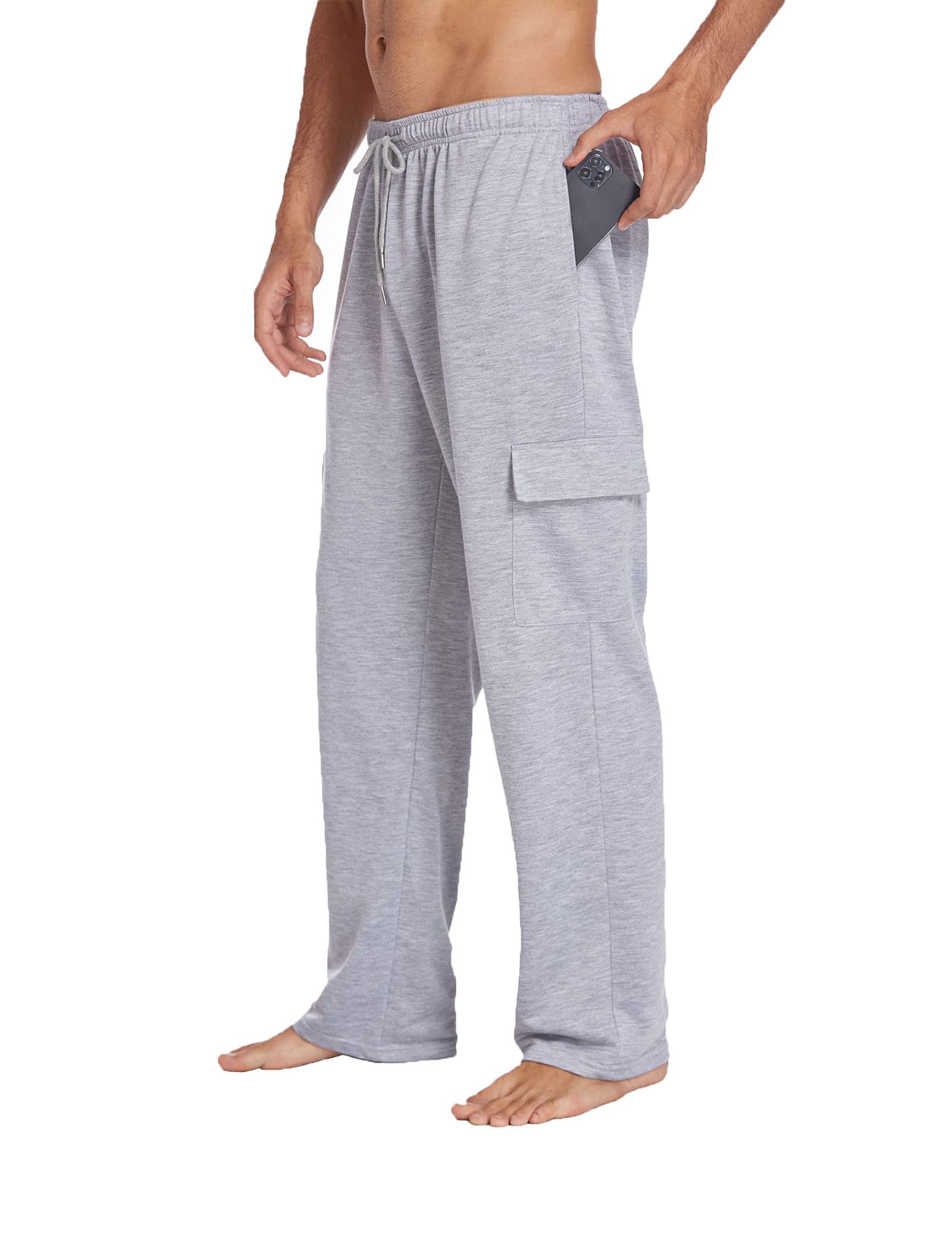 DEYEEK Men's Lightweight Cargo Sweatpants with Pockets - Straight Leg Open Bottom Casual Joggers for Gym, Lounge & Outdoor Activities