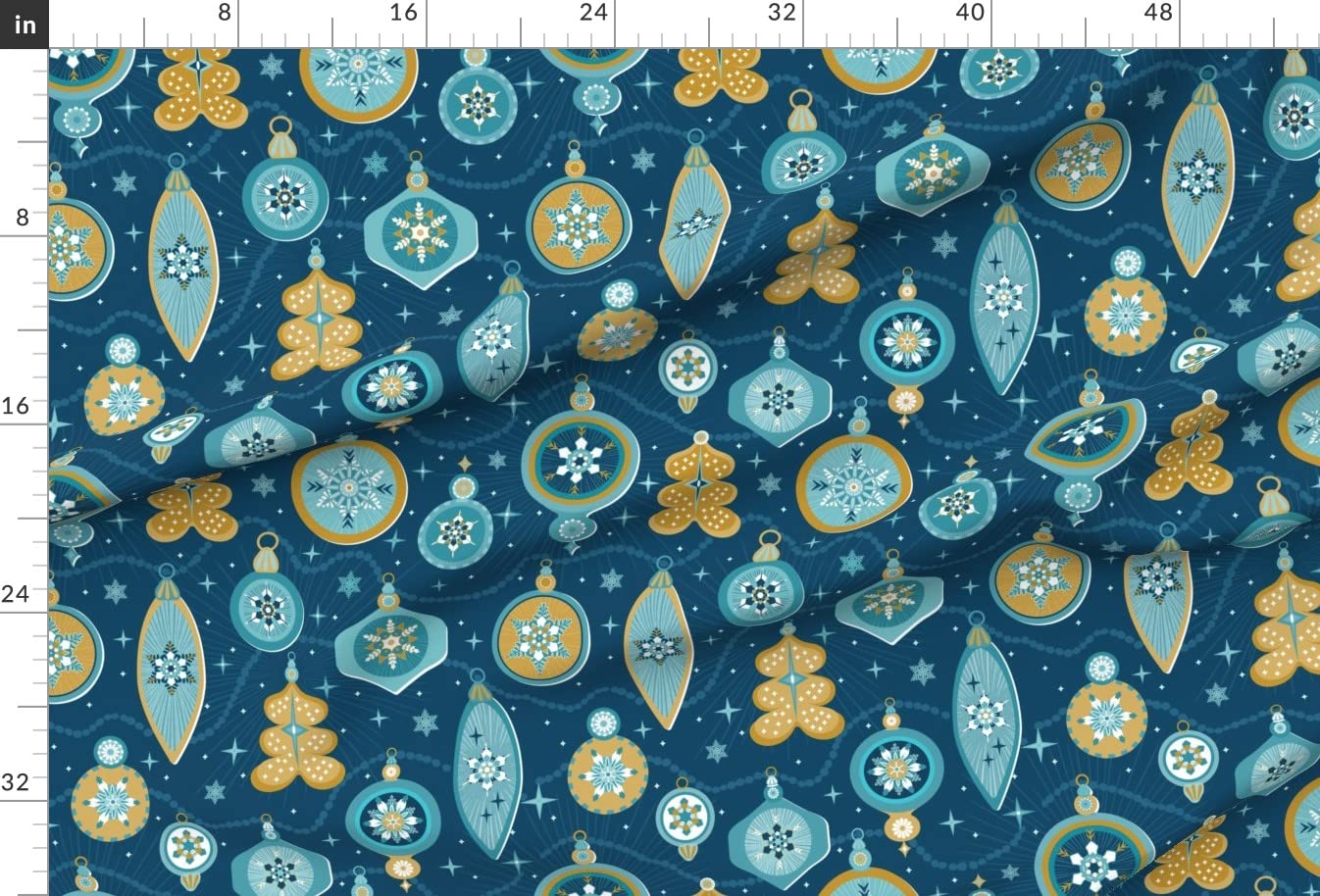 Retro Christmas Ornaments Blue Yellow Snowflakes Printed Minky Fabric by The Yard - Soft Sewing Material for Baby Blankets, Quilt Backing & Plush Toys - Perfect for Holiday Crafts & DIY Projects