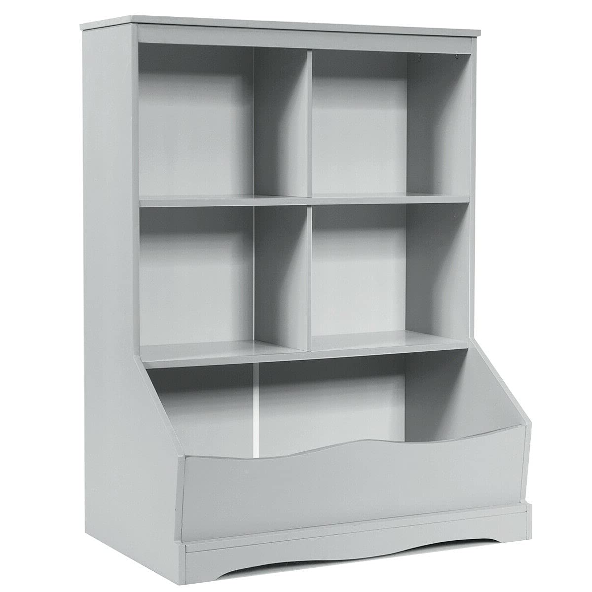 3-Tier Grey Kids Storage Cabinet with 4 Cubbies & Bottom Bin - Multifunctional Organizer for Books, Toys & Clothes - Perfect for Bedroom, Playroom & Nursery Organization