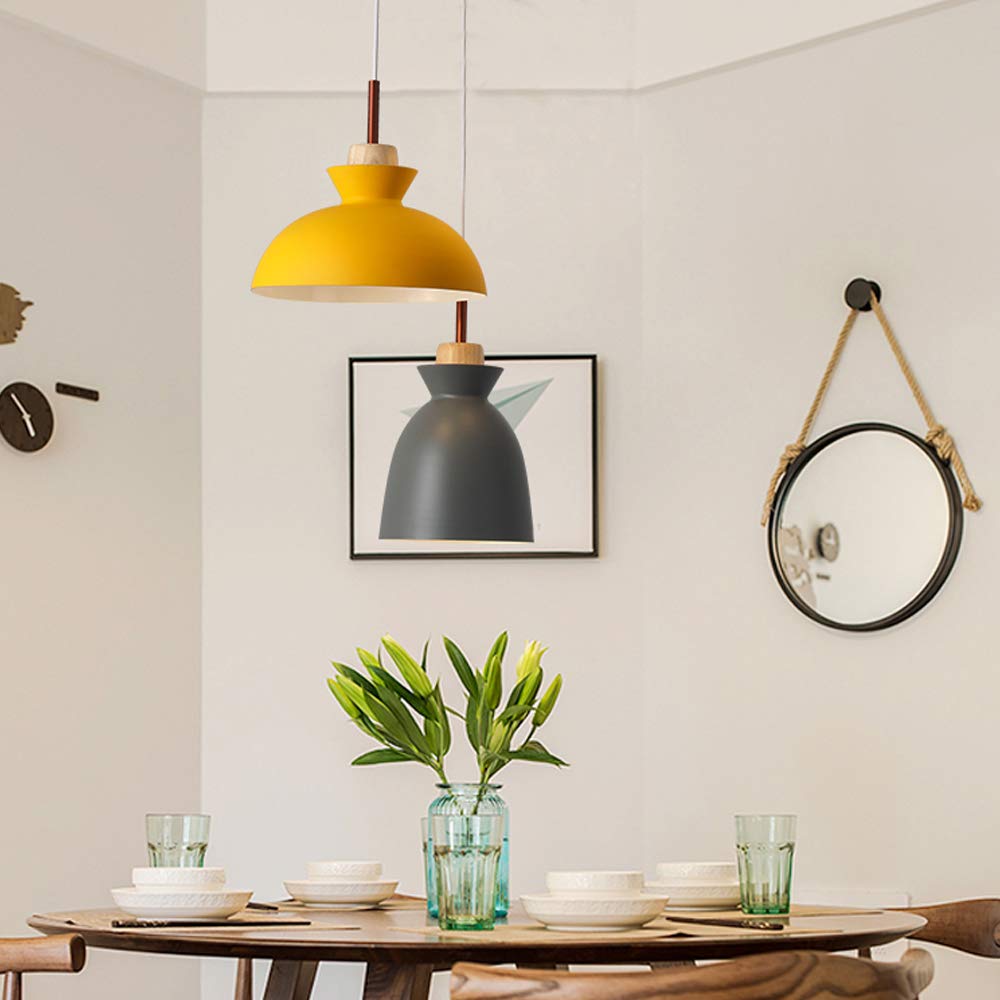 Swag Plug-in Pendant Light with Wooden Handle - 15ft UL Certified Cord & On/Off Dimmer Switch - Macaron Yellow Lampshade - Loft Style Hanging Light for Dining Room, Kitchen Island & Bedroom (Bulbs Not Included)