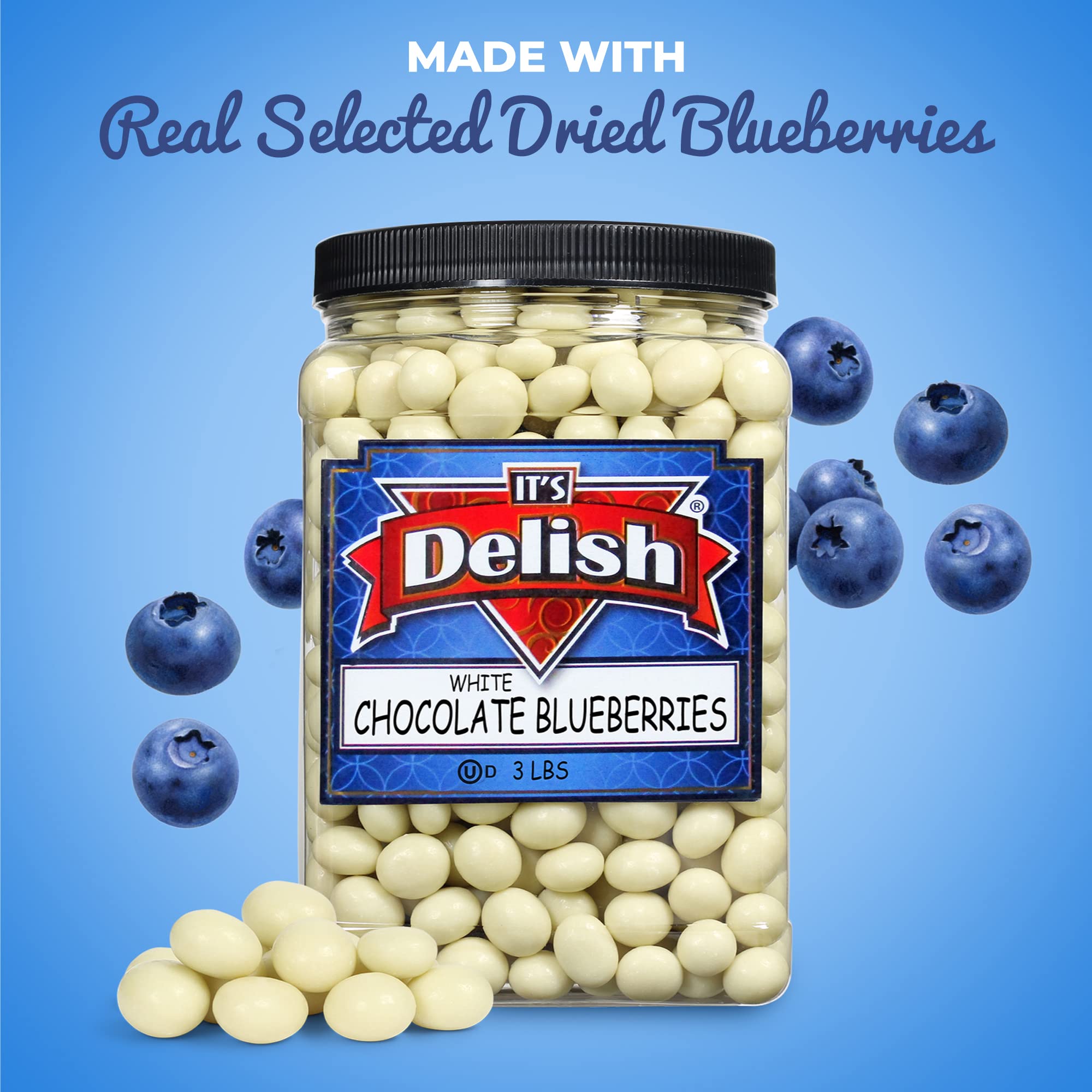 Gourmet White Chocolate Covered Blueberries - 3 LBS Bulk Jumbo Jar | Kosher Dairy Milk Chocolate Coated Dried Fruit Berries | Perfect for Parties, Snacks, Desserts & Gift Baskets | It's Delish Brand