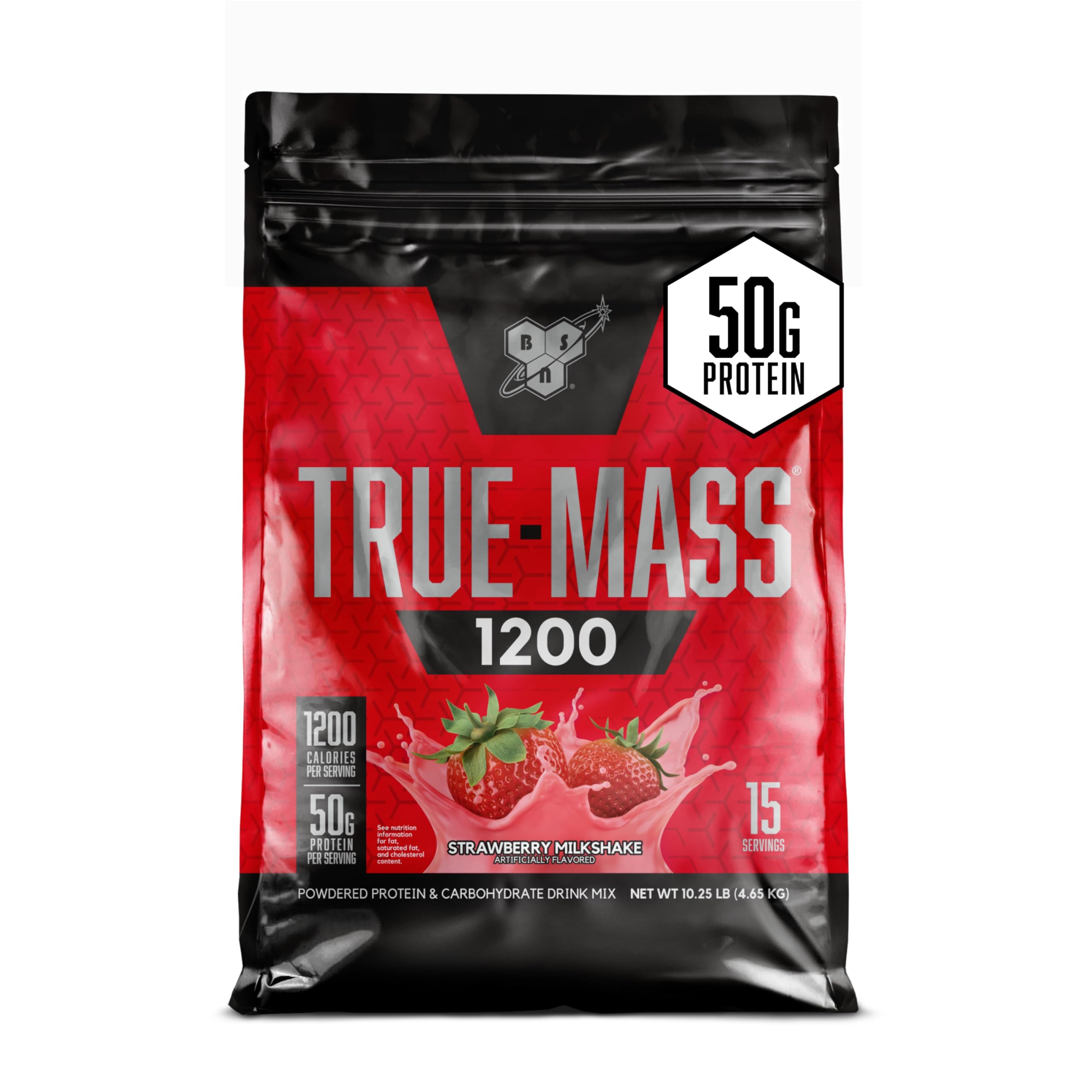 BSN TRUE-MASS Weight Gainer Protein Powder - Strawberry Milkshake Flavor, 10.25lb for Muscle Building & Recovery - Perfect for Post-Workout Shakes & Bulking Nutrition