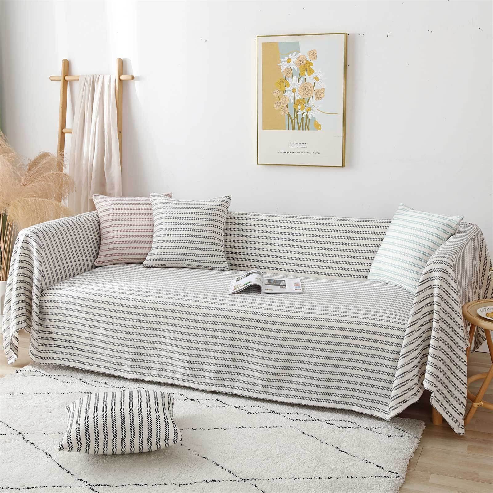 Simple Stripes Sofa Slipcover - Cotton Linen Couch Cover for 3-Seat Cushion Sofa (180x260cm) - Light Grey Furniture Protector for Home & Pet Use | Perfect for Living Room, Family Gatherings & Pet-Friendly Spaces