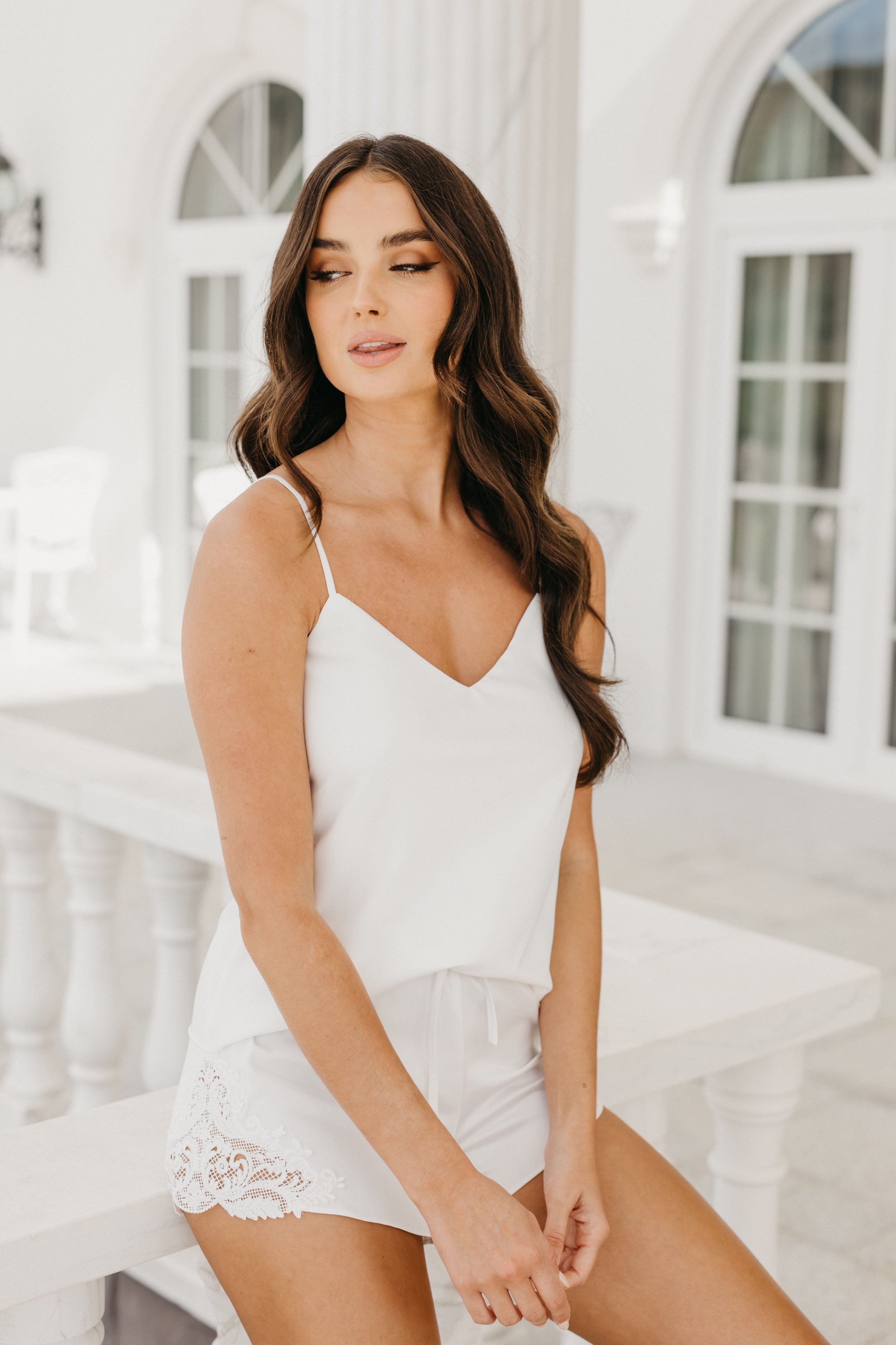 Stella Cami and Lace Trim Short Set White - Women's Sexy Lace Underwear Set for Sleepwear, Lingerie & Special Occasions