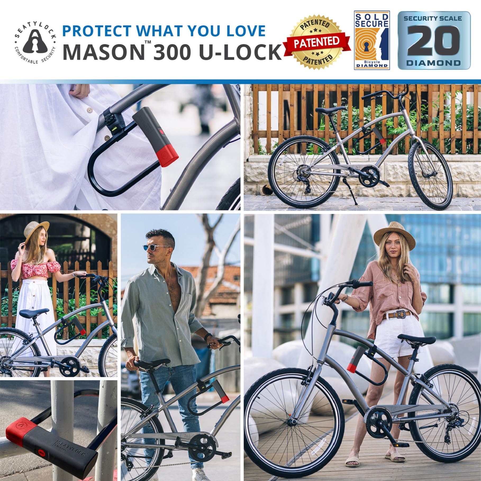 Heavy Duty Seatylock Mason Bike U Lock - Patented Anti-Theft Diamond Security Bicycle Lock with Keys - 11.8 Inch Super Wide Safety U-Lock for Electric Bikes, Scooters & Motorcycles - Perfect for Urban Commuting, Campus Security & Outdoor Adventures
