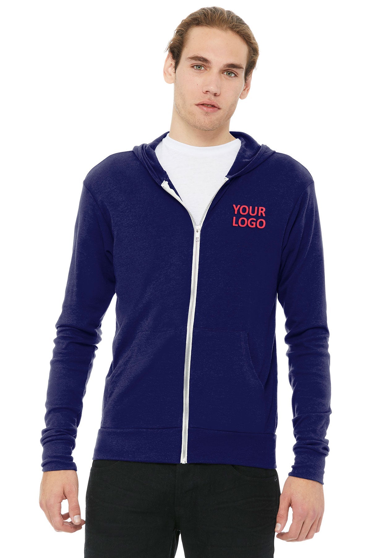 Bella Canvas Unisex Triblend Full Zip Lightweight Hoodie for Men & Women - Soft Comfortable Pullover Sweatshirt - Navy Blue Casual Wear for Gym, Running & Everyday Use
