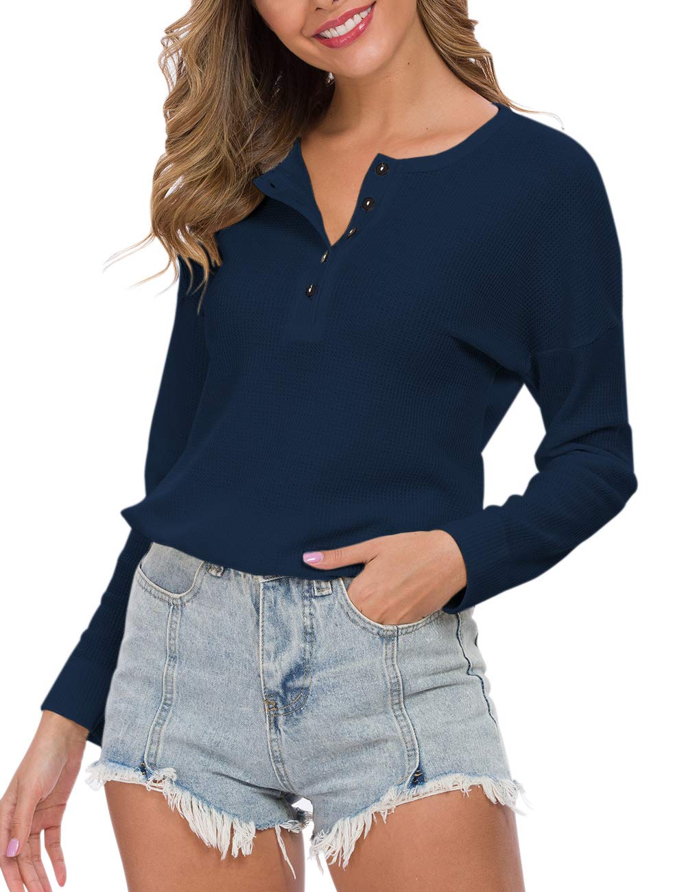 WNEEDU Women's Waffle Knit Tunic Top - Long Sleeve Loose Fit Button Up V-Neck Henley Shirt for Casual Wear, Office & Fall Outfits